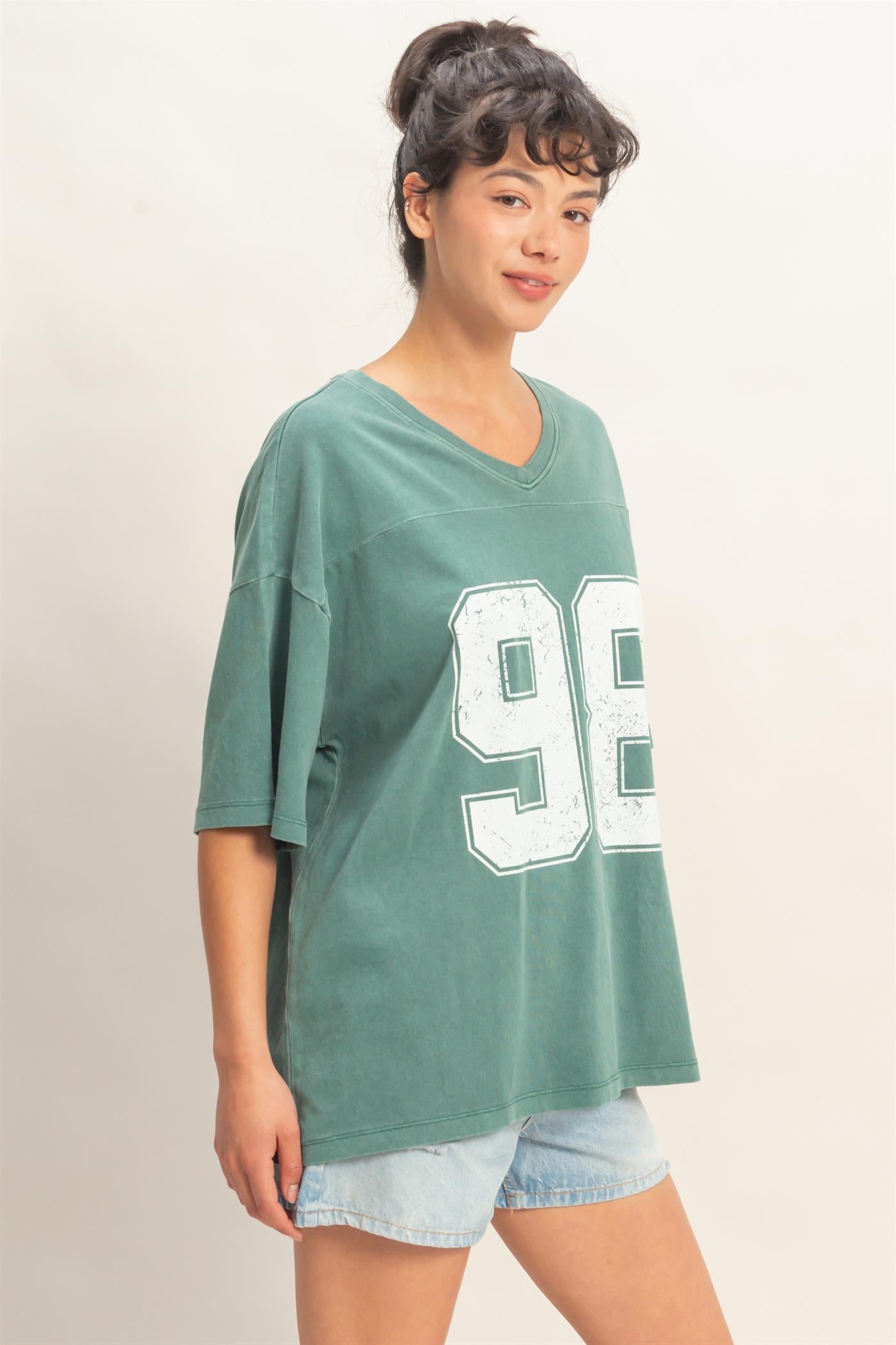 Wholesale Oversized Varsity Style V-Neck Graphic T-Shirt T-Shirts DZ26C200 DARK TEAL DOUBLE ZERO