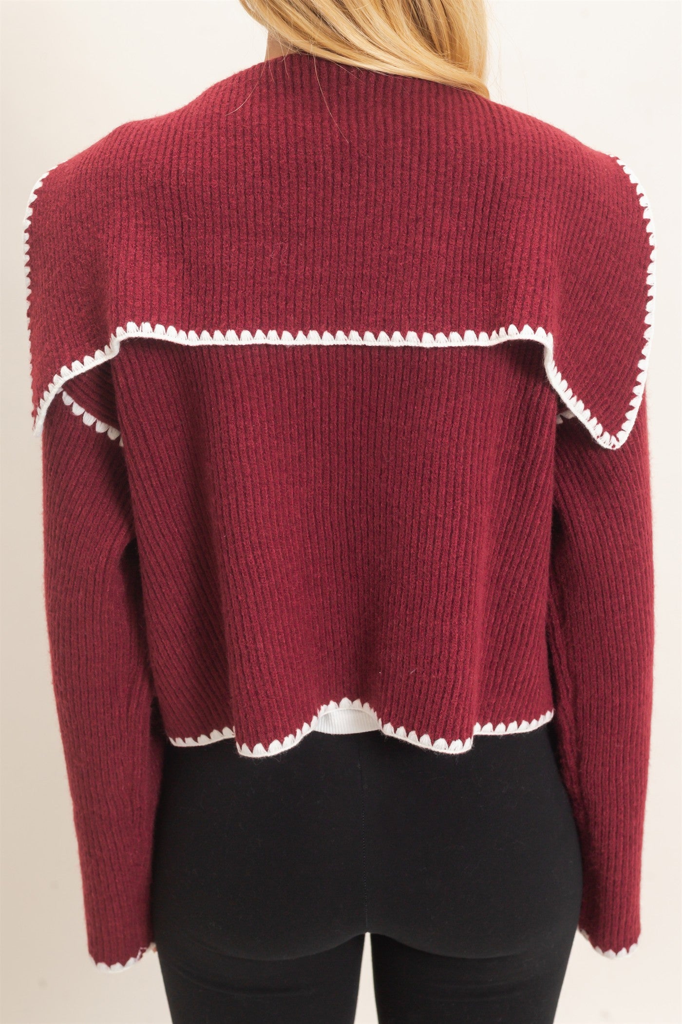 Wholesale Collared Cardigan Sweater With Picot Trim Cardigans HF26E897 MERLOT HYFVE