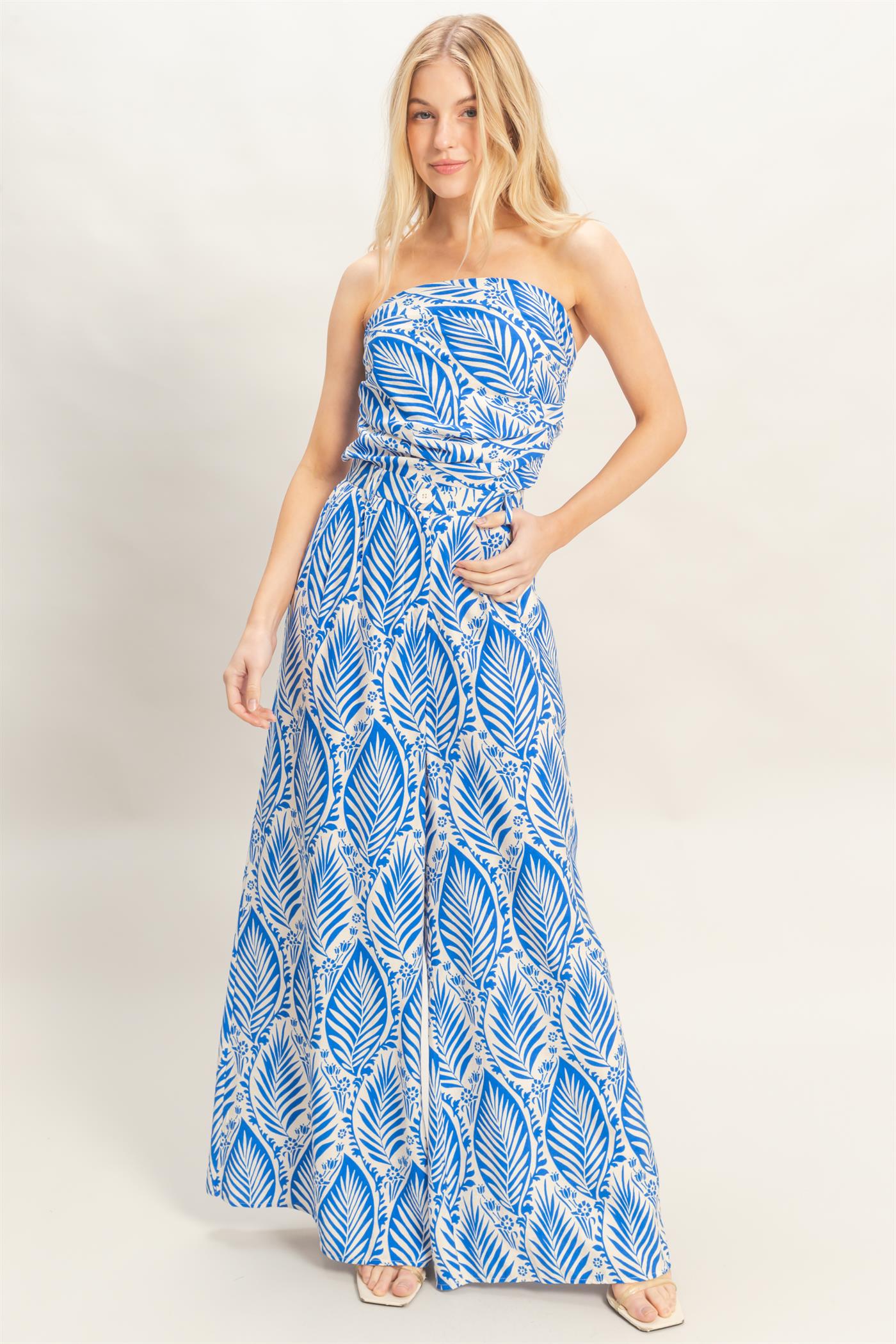 Wholesale Strapless Top & Pant Print Set Clothing HF25E577-SET-D BLUE HYFVE