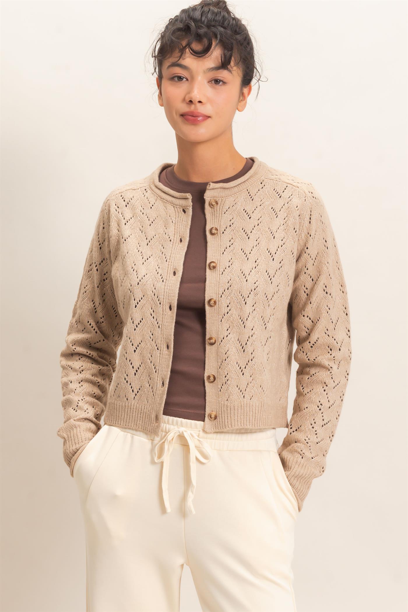 Wholesale Pointelle Knit Button Front Cardigan Cardigans DZ26C978 DARK TAUPE DOUBLE ZERO
