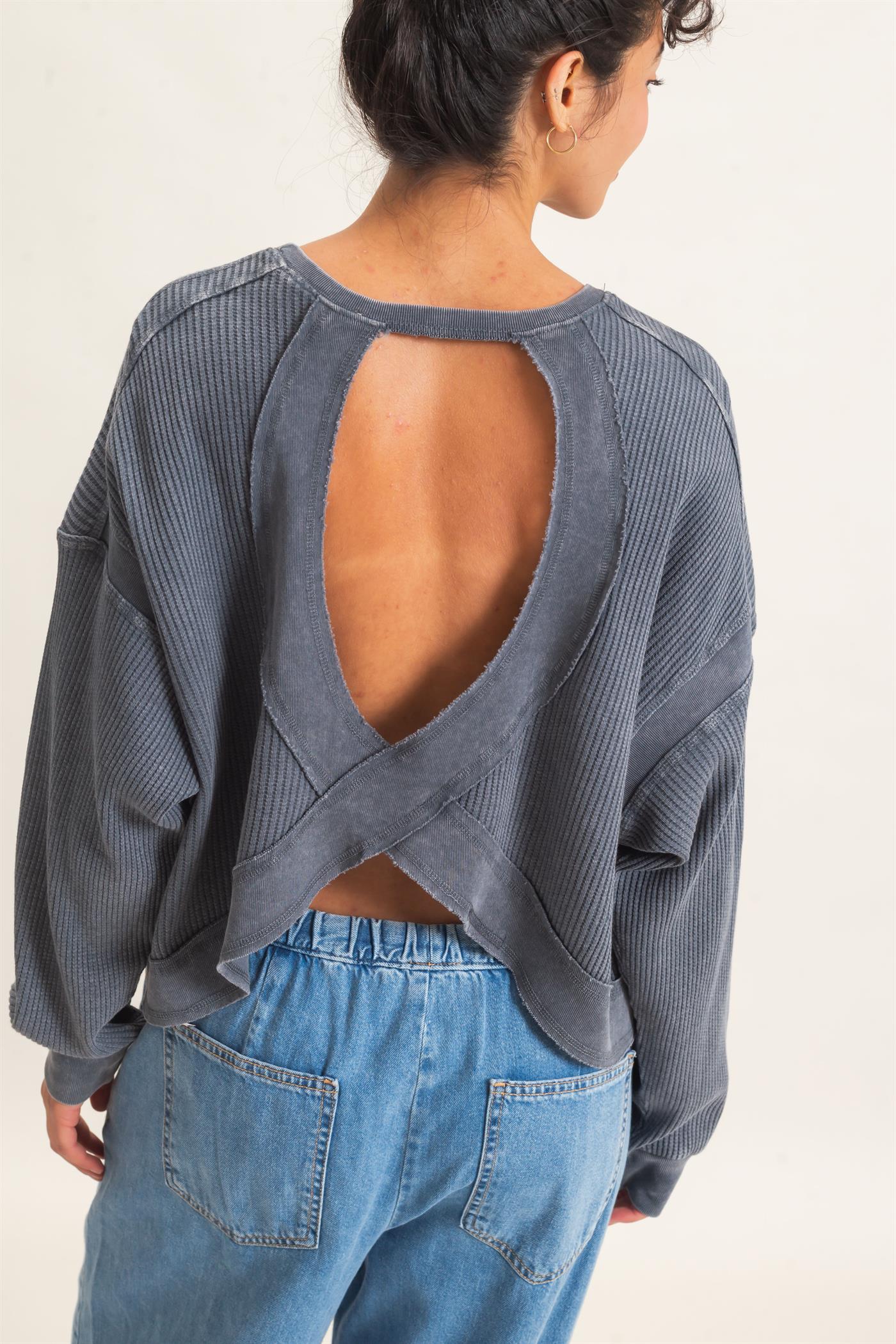 Wholesale Mineral Wash Waffle Open Back Top Clothing Tops DZ26C964 DARK GRAY DOUBLE ZERO