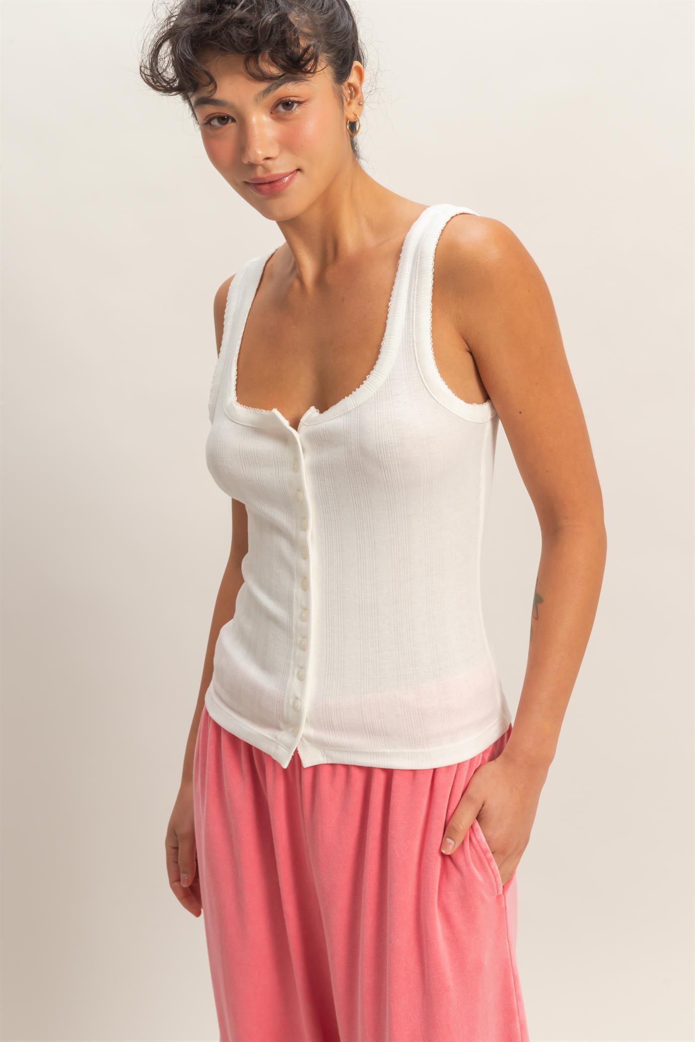 Wholesale Pointelle Button Front Scoop Neck Tank Top Tank Tops DZ26A775 WHITE DOUBLE ZERO