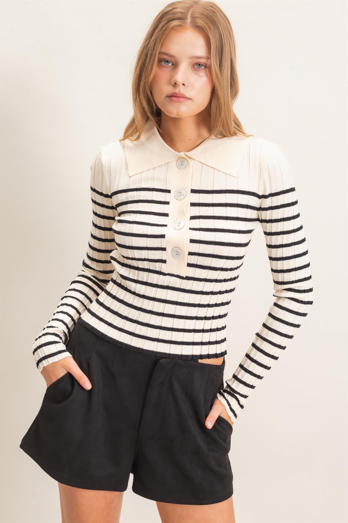 Wholesale Ribbed Collared Sweater Sweaters HF26E534 CREAM HYFVE