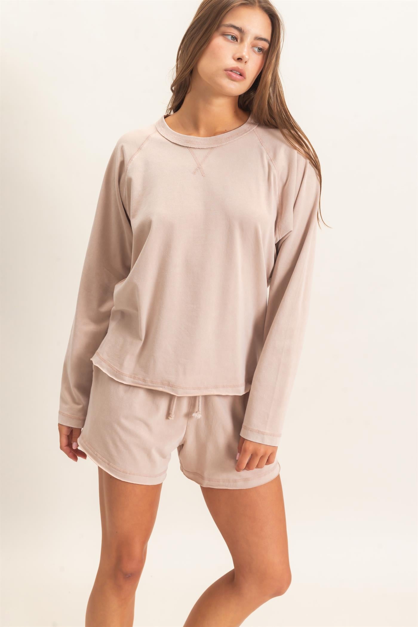 Wholesale Mineral Wash Long Sleeve Raw Edge Top & Shorts Set Clothing DZ26F403-SET DARK TAUPE DOUBLE ZERO