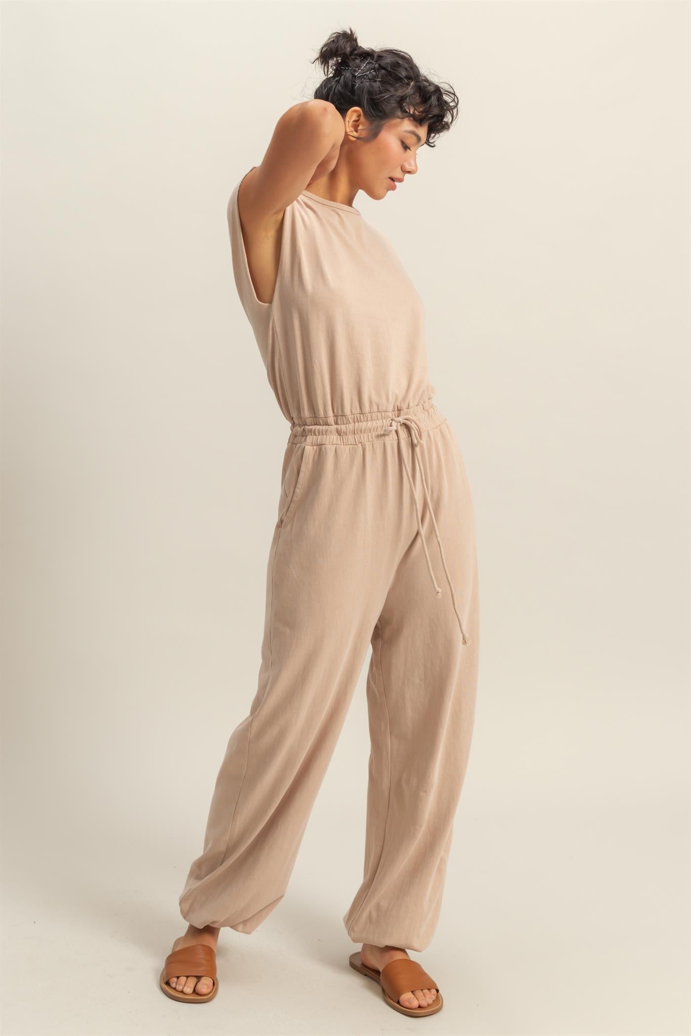 Wholesale Short Sleeve Casual Jumpsuit Clothing DZ24C619 DARK TAUPE DOUBLE ZERO