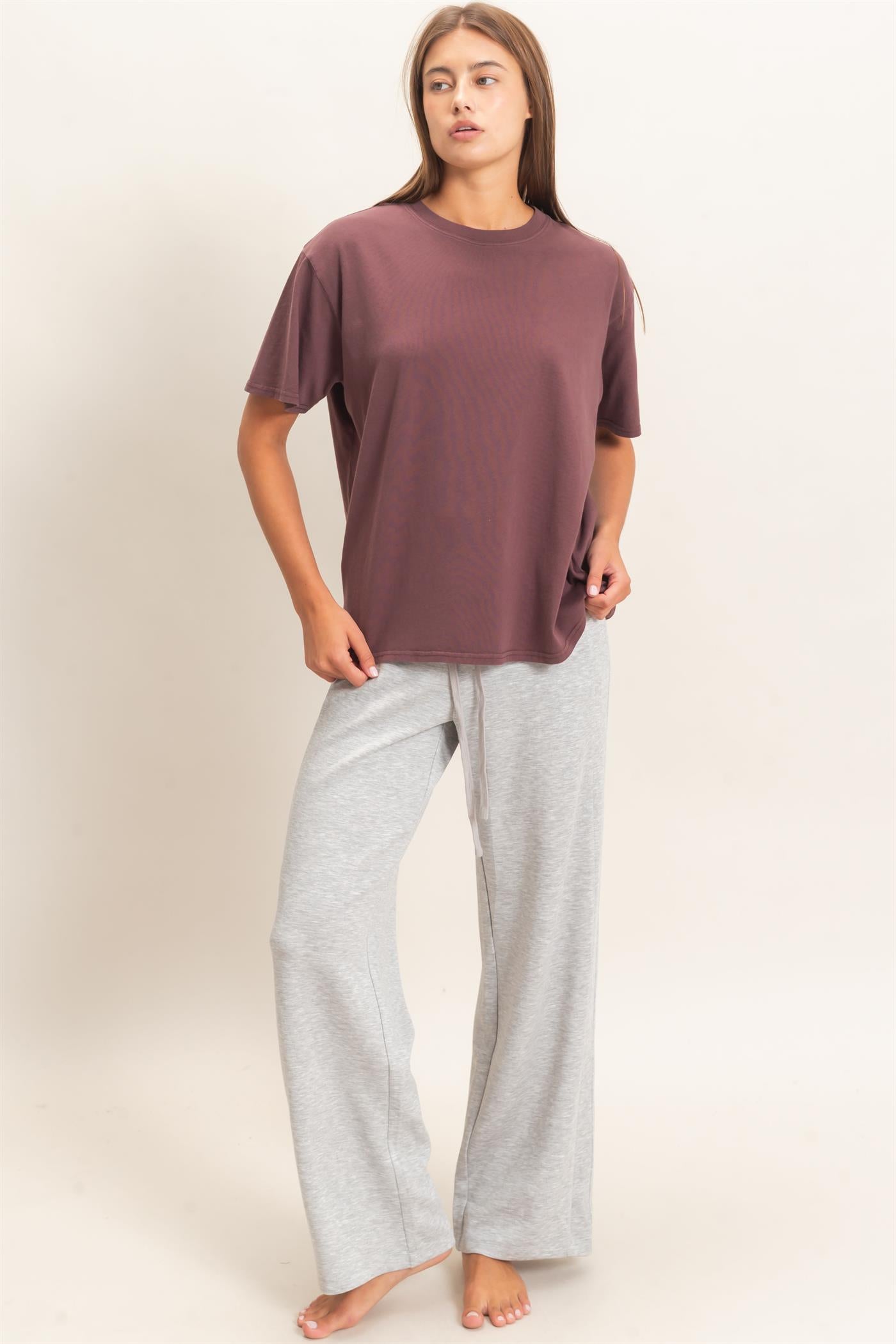Wholesale Crew Neck Pigment Dye T-Shirt Clothing Tops DZ26E448 COCOA DOUBLE ZERO