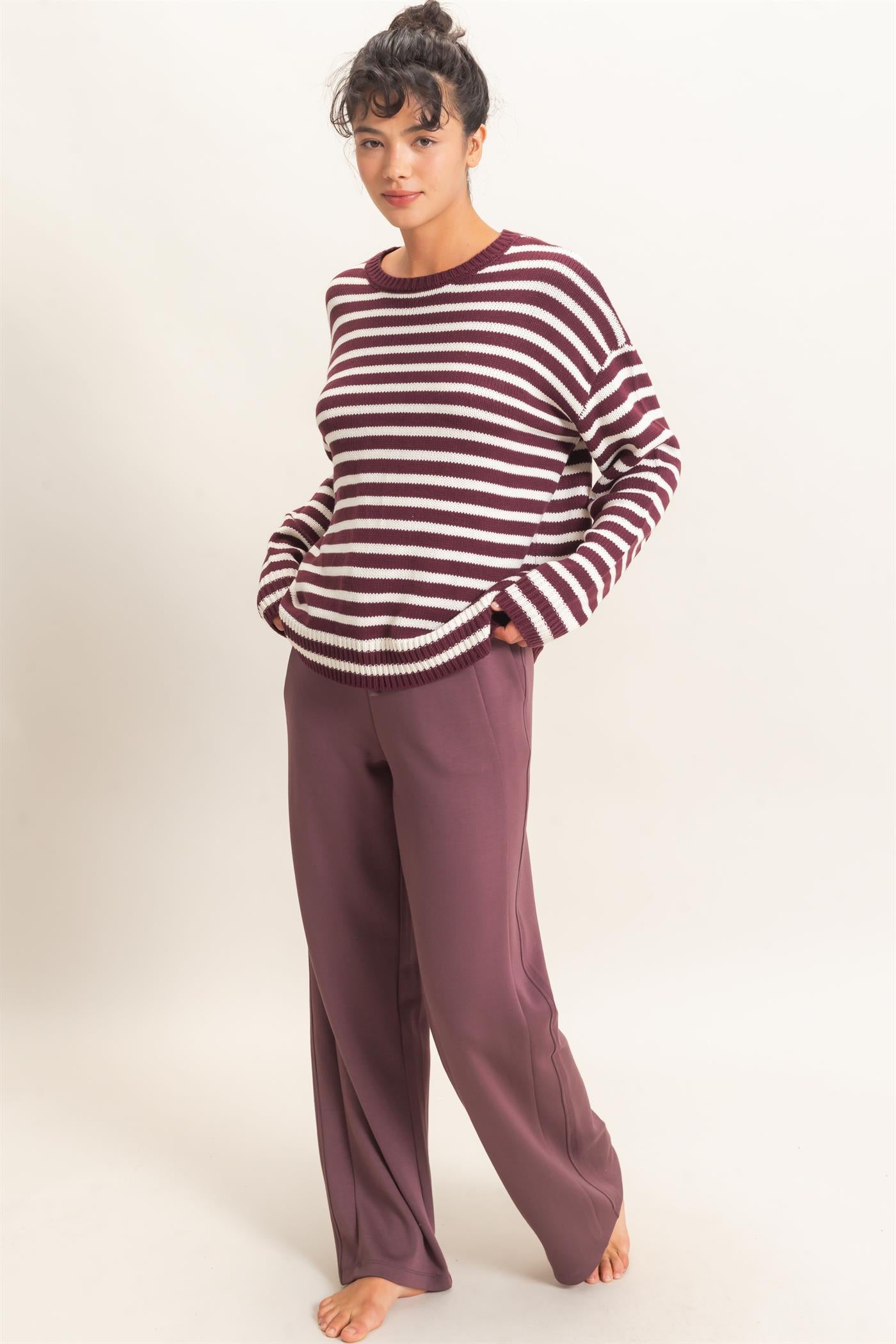 Wholesale Striped Crew Neck Sweater Sweaters DZ26E237 DARK CHERRY DOUBLE ZERO