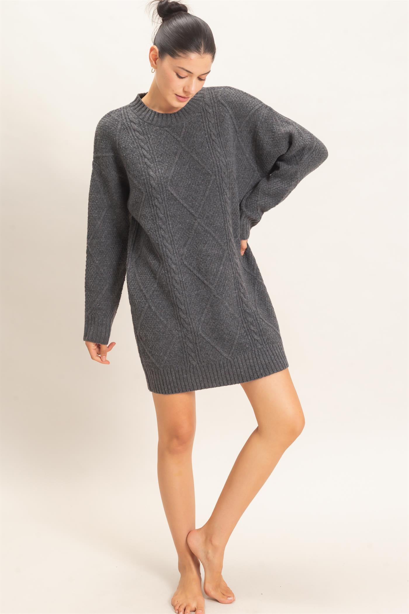 Wholesale Cable Knit Crew Neck Dress Dresses HF26F006 CHARCOAL HYFVE