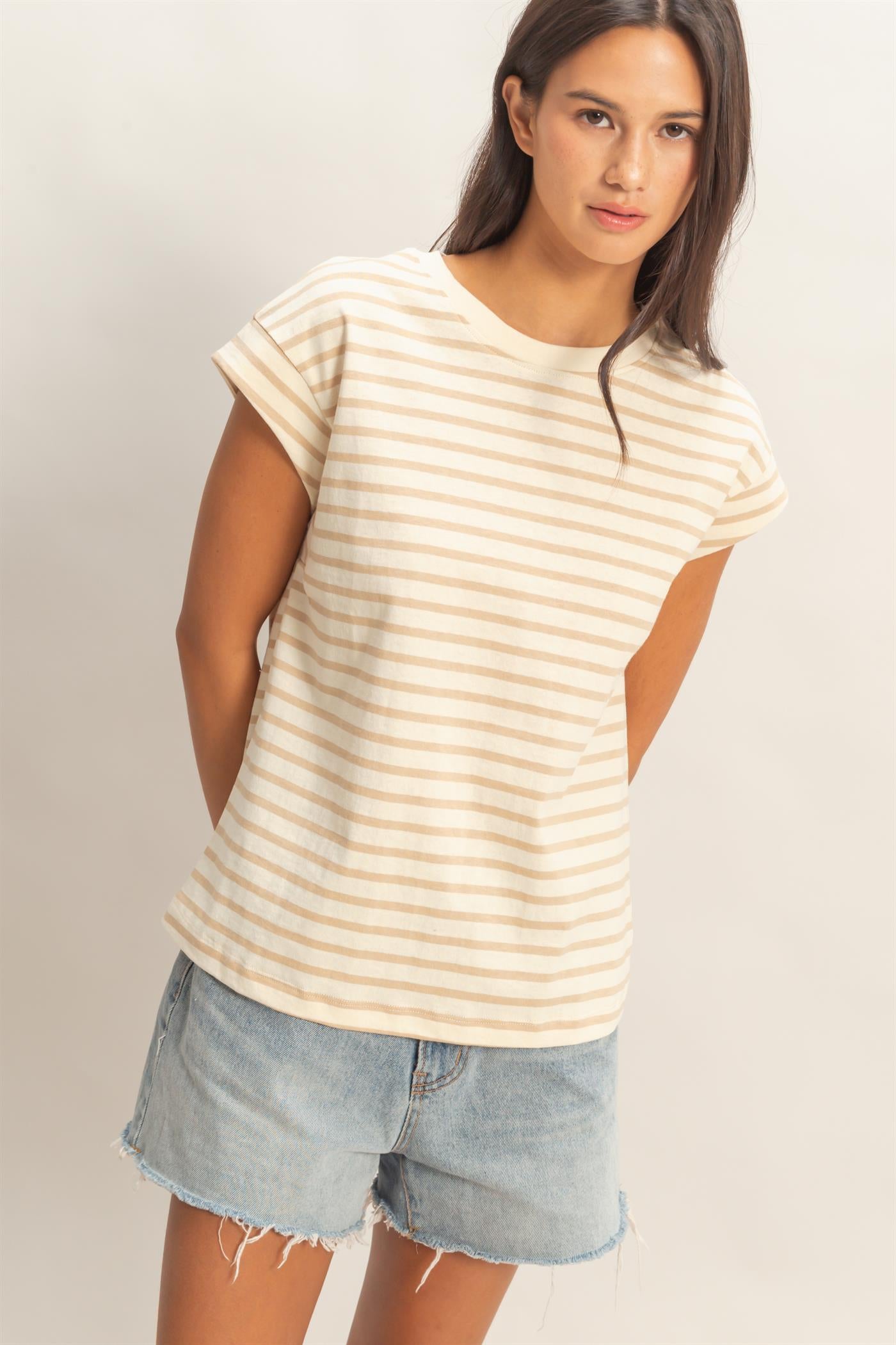 Wholesale Striped Cap Sleeve Relaxed Everyday Tee Clothing Tops DZ26C059 TAUPE DOUBLE ZERO