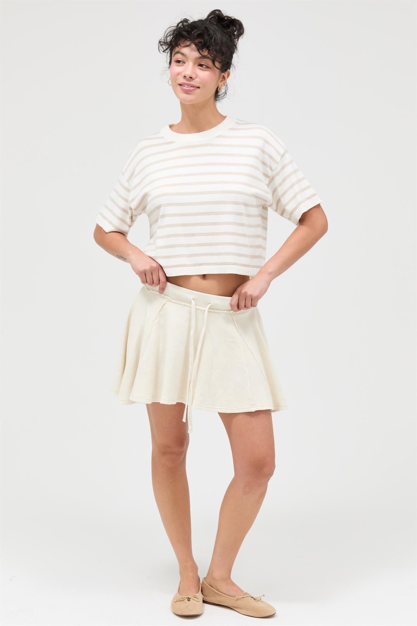 Wholesale Round Neck Striped Crop Top Clothing Tops DZ26A051 TAUPE DOUBLE ZERO