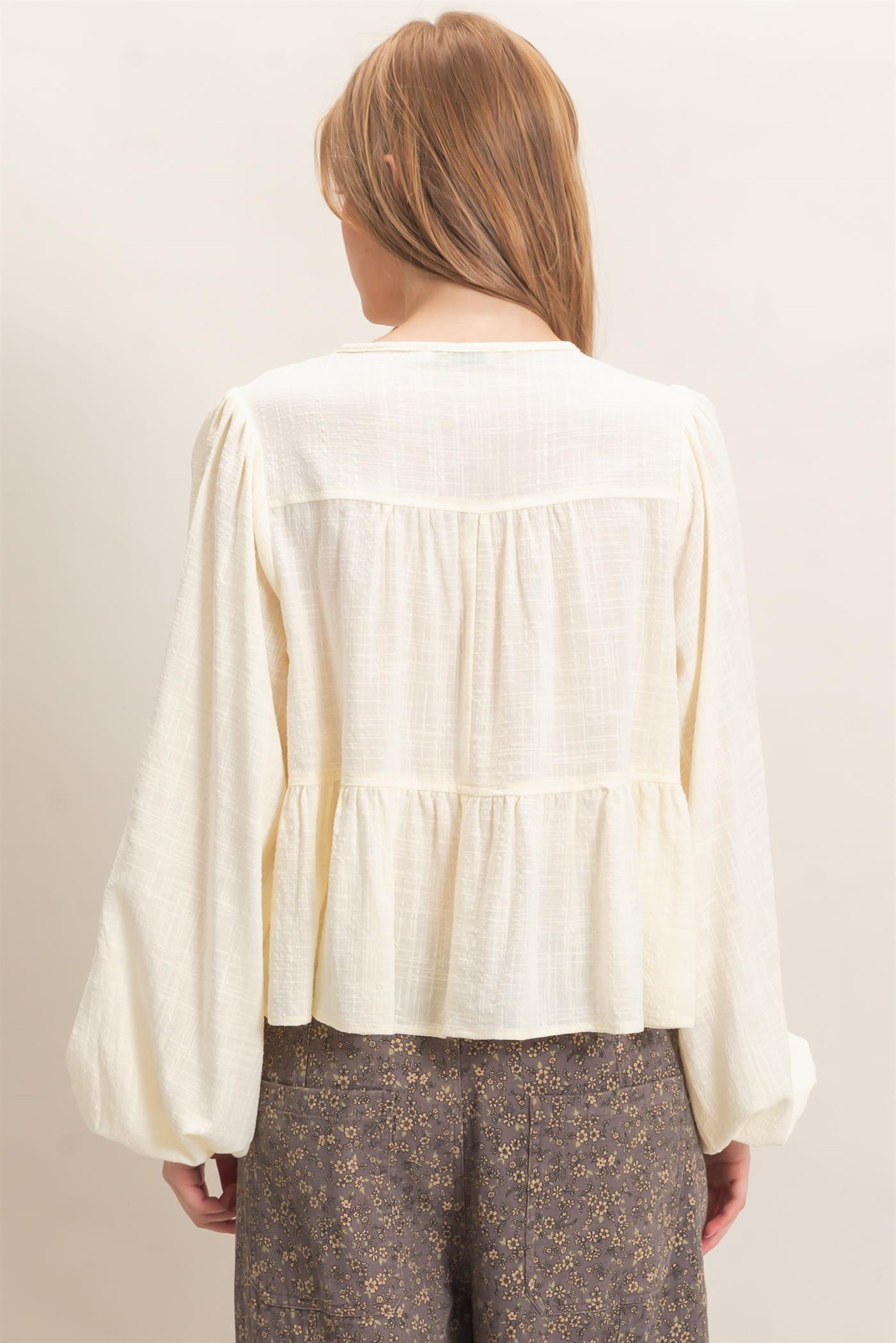 Wholesale Tie Front Peplum Blouse Blouses HF26F065 CREAM HYFVE