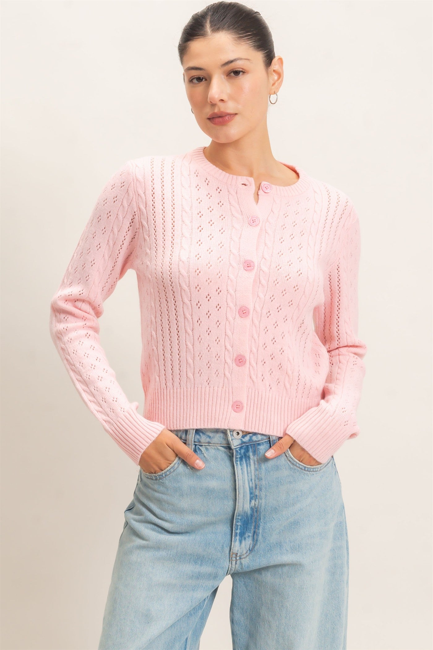 Wholesale Cable Knit Cardigan Cardigans HF26E150 PINK HYFVE