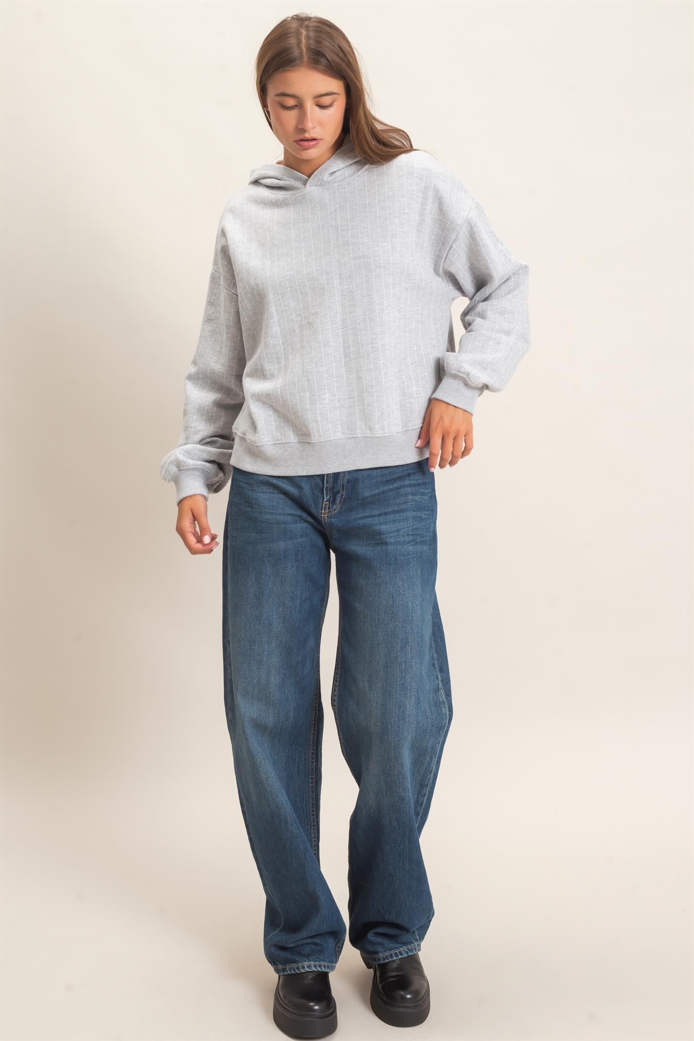Wholesale Pinstripe French Terry Hoodie Hoodies DZ26E625 HEATHER GRAY DOUBLE ZERO