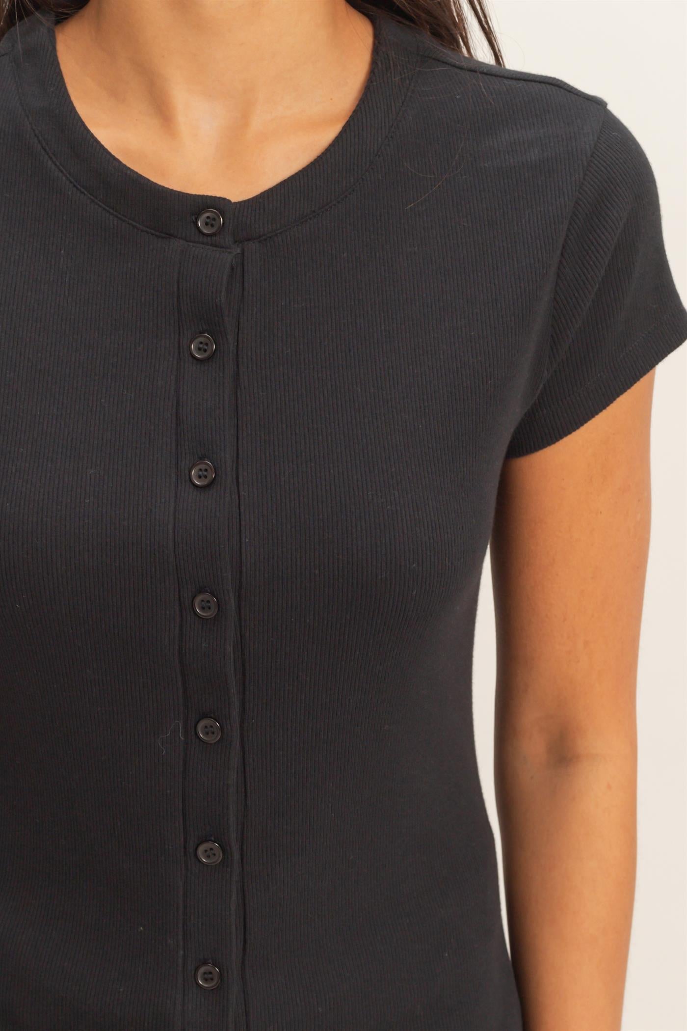 Wholesale Ribbed Button-Front Crew Neck Top Clothing Tops DZ26A727 BLACK DOUBLE ZERO