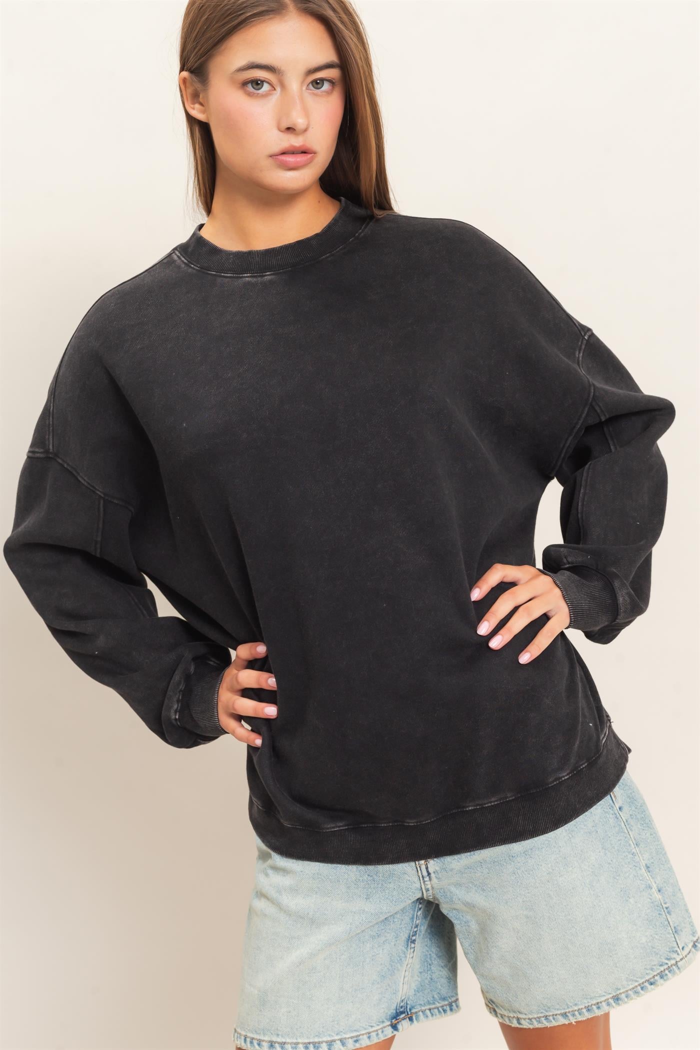 Wholesale Acid Wash Crew Neck Long Sleeve Sweatshirt Sweatshirts DZ26E268 BLACK DOUBLE ZERO