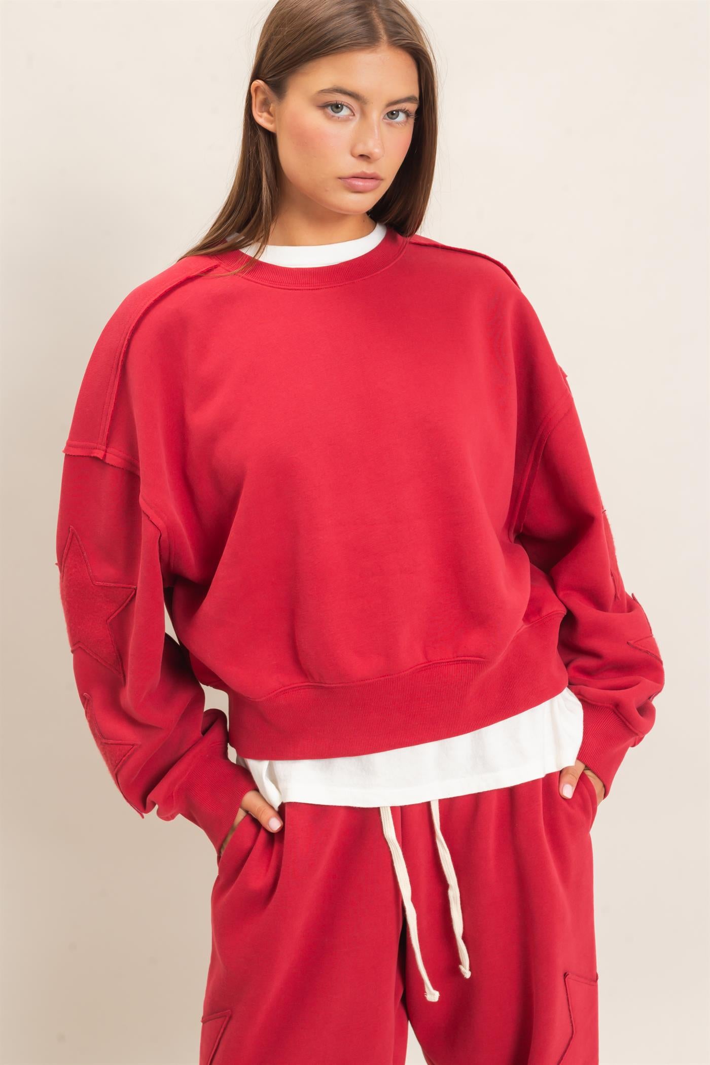 Wholesale Star Patch Sleeve Sweatshirt Sweatshirts DZ26E888 DARK RED DOUBLE ZERO