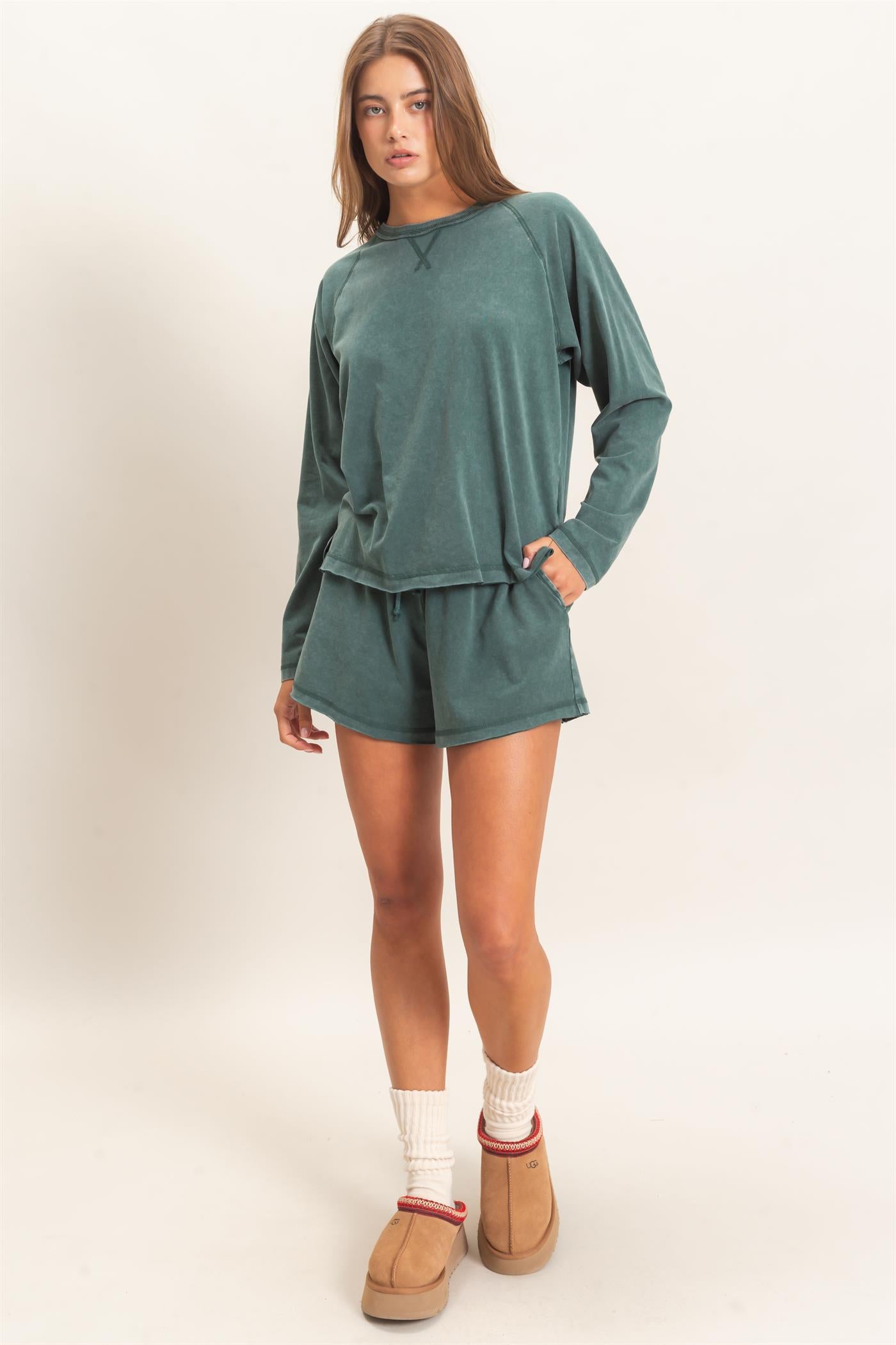 Wholesale Mineral Wash Long Sleeve Raw Edge Top & Shorts Set Clothing DZ26F403-SET DARK GREEN DOUBLE ZERO