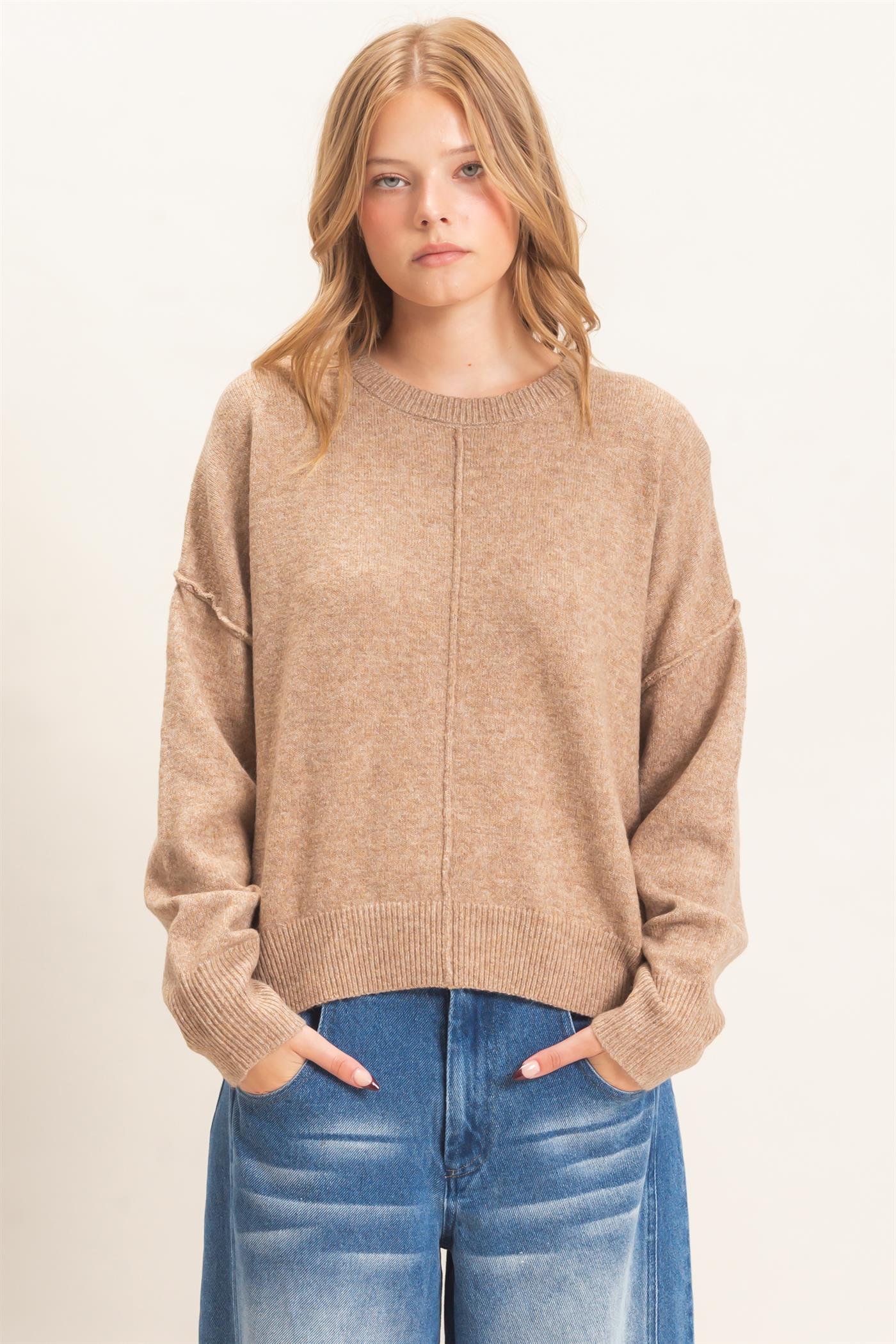 Wholesale Crew Neck Sweater With Ribbed Hem Sweaters HF26E203-D DARK TAUPE HYFVE
