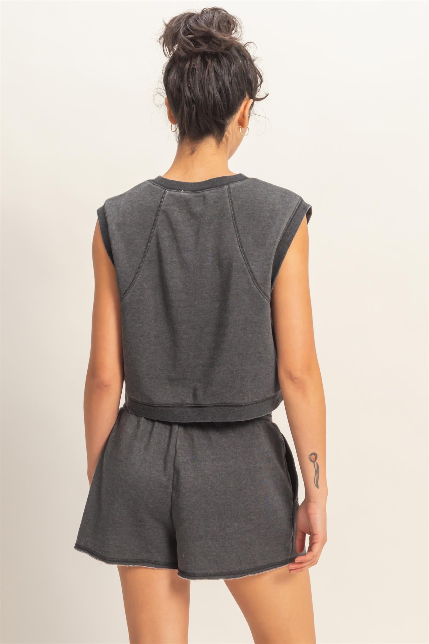 Wholesale Burnout French Terry Sleeveless Top & Shorts Set Clothing Tops DZ26A171-SET BLACK DOUBLE ZERO