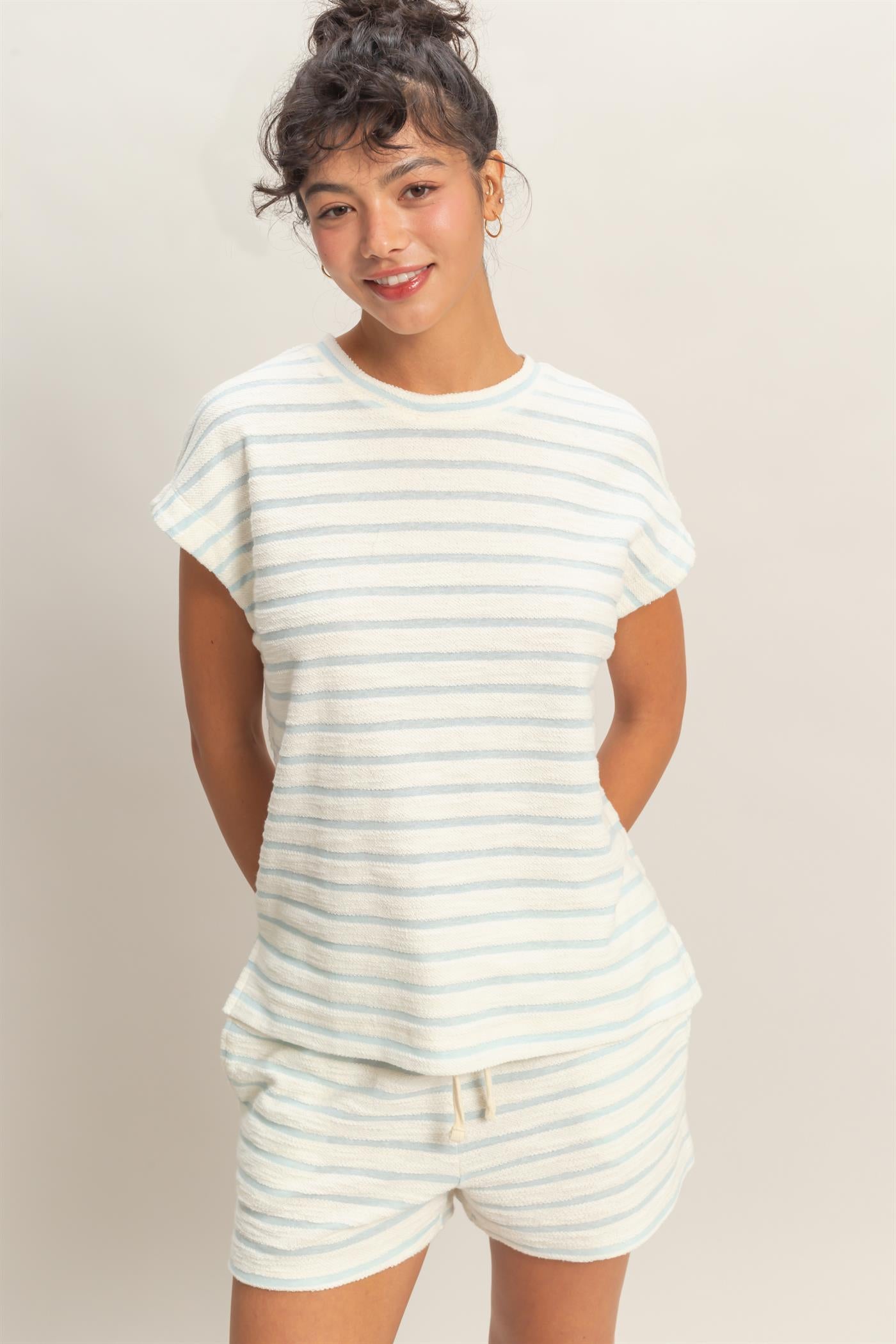 Wholesale Striped Round Neck Short Sleeve Top Clothing Tops DZ26A754 BABY BLUE DOUBLE ZERO