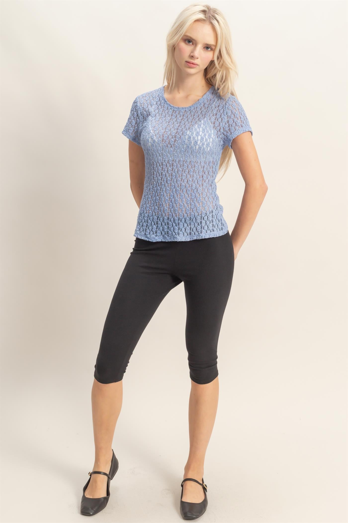 Wholesale Textured Lace Short Sleeve Top Clothing Tops DZ26C394 PALE INDIGO DOUBLE ZERO