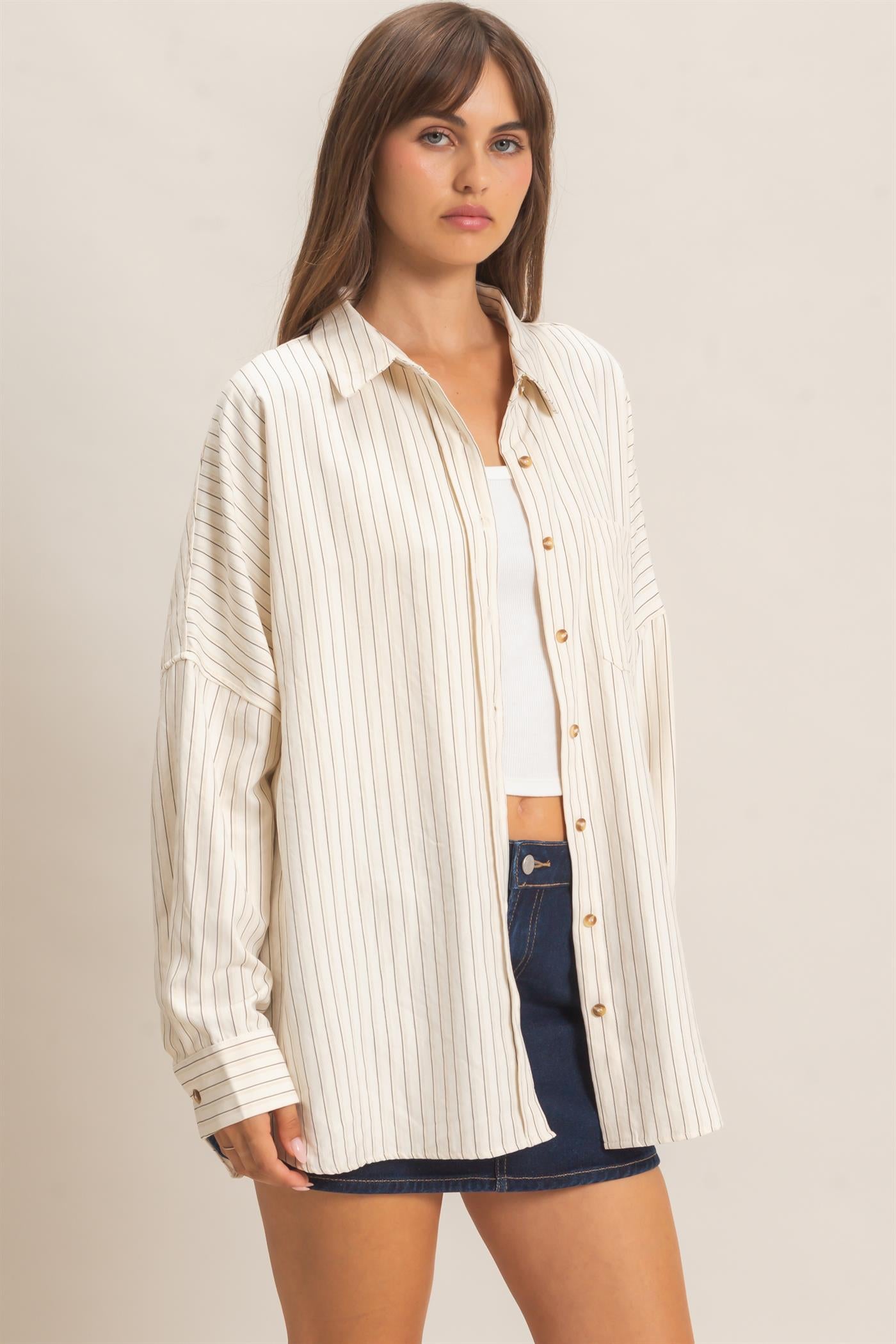 Wholesale Striped Button-Up Shirt Shirts HF26F134 CREAM HYFVE