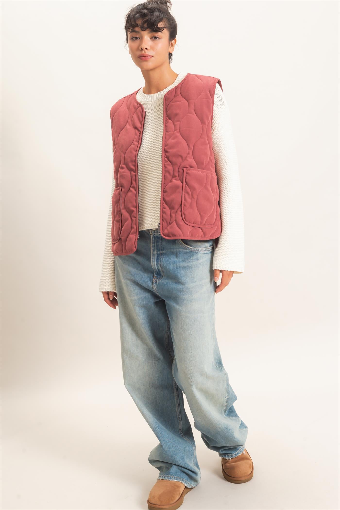 Wholesale Quilted Vest With Pockets Vests DZ26F336 BURGUNDY DOUBLE ZERO
