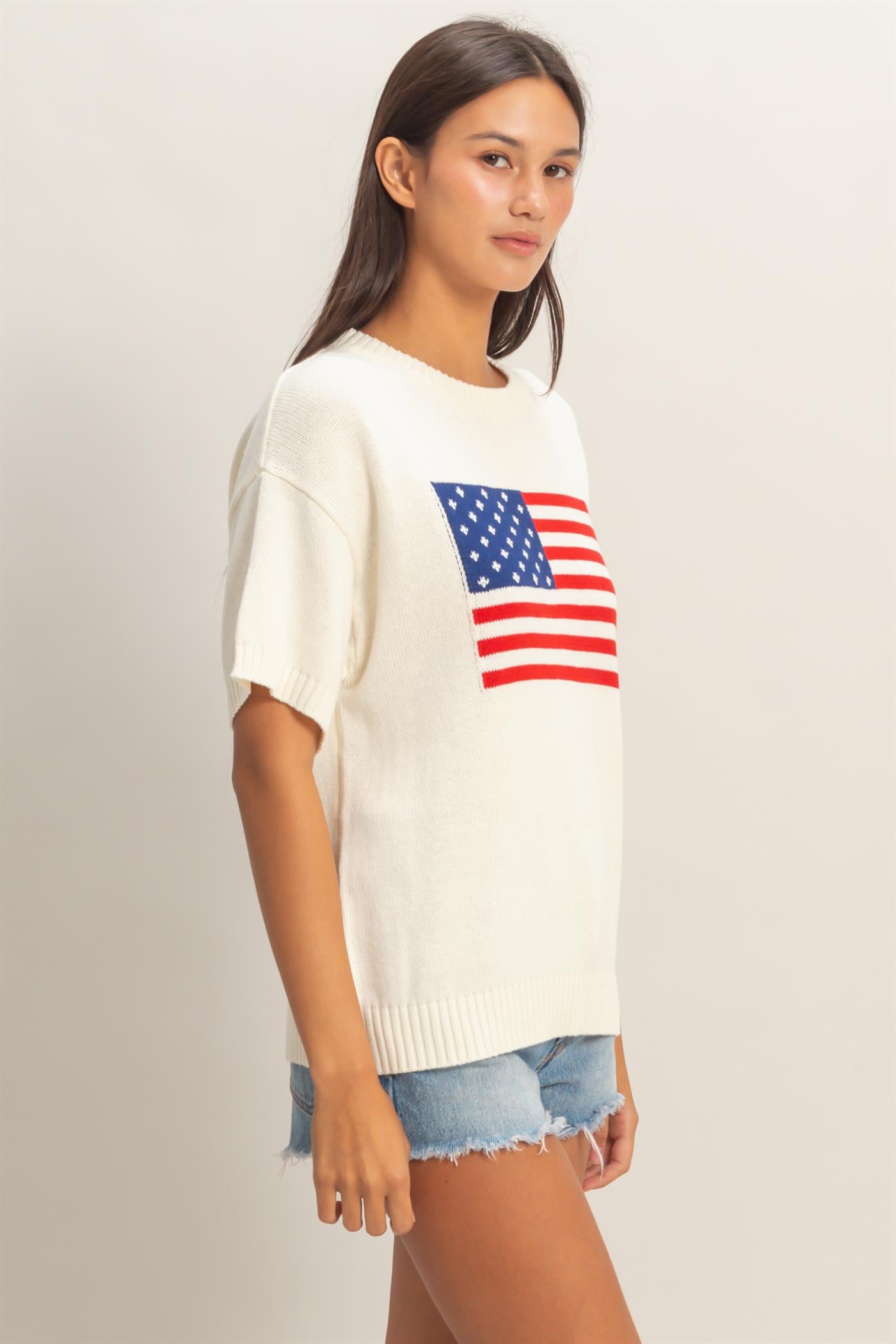 Wholesale American Flag Knit Top Shirts DZ26A309 CREAM DOUBLE ZERO