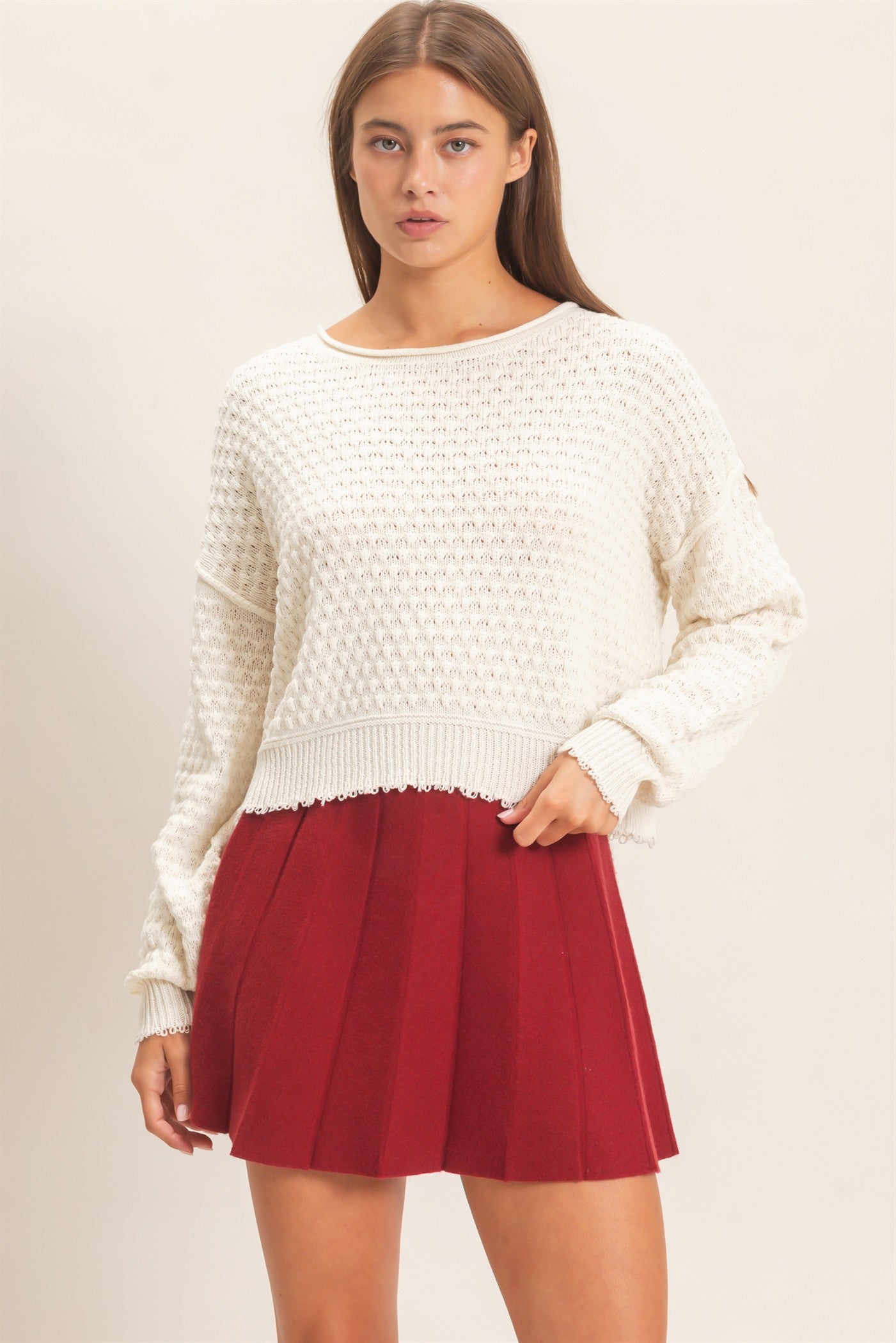 Wholesale Textured Boat Neck Sweater Sweaters DZ26E880 CREAM DOUBLE ZERO