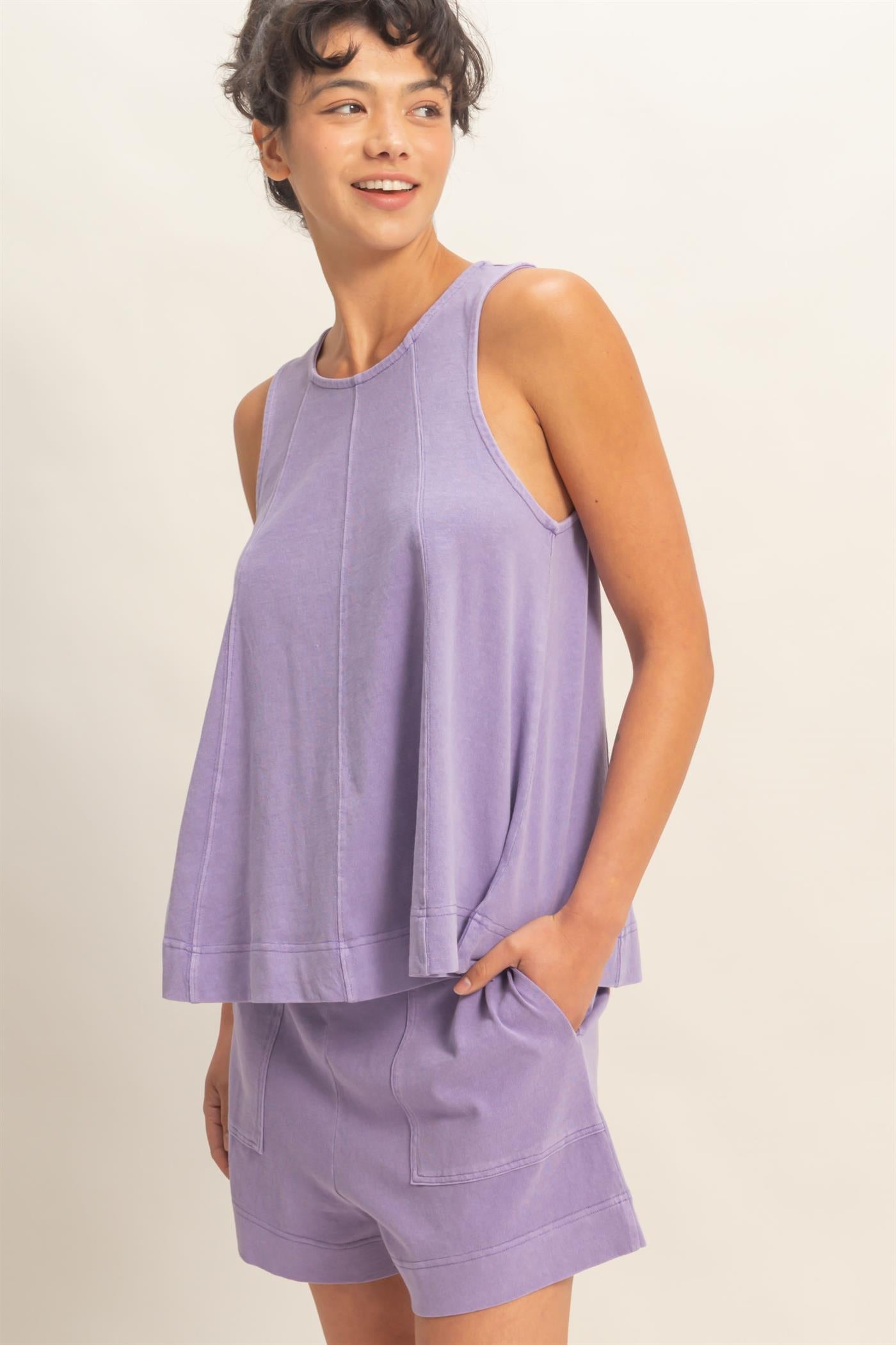 Wholesale Sleeveless Round Neck Top & Shorts Set Clothing DZ26C730-SET DUSTY PURPLE DOUBLE ZERO