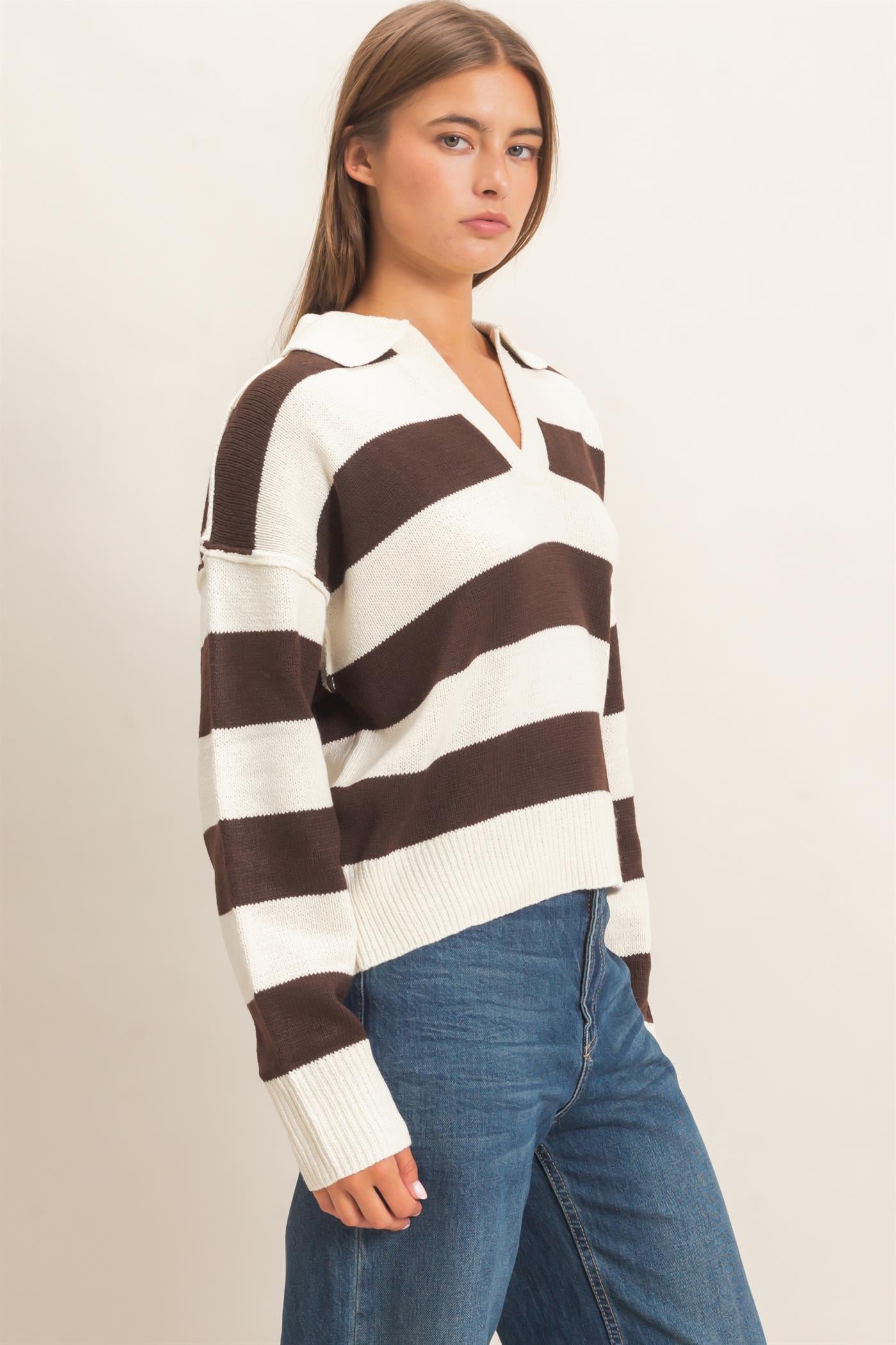 Wholesale Rugby Stripe Polo Sweater Sweaters DZ26E297 DARK BROWN DOUBLE ZERO