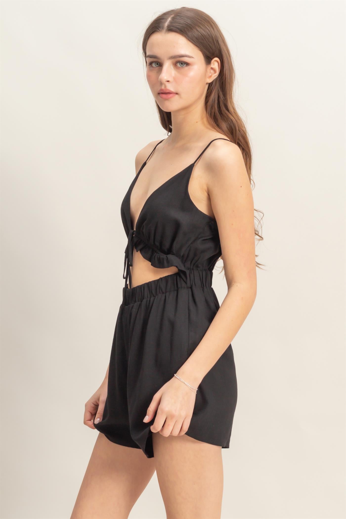 Wholesale Plunging V-Neck Cutout Linen Romper Clothing HF25A248 BLACK HYFVE