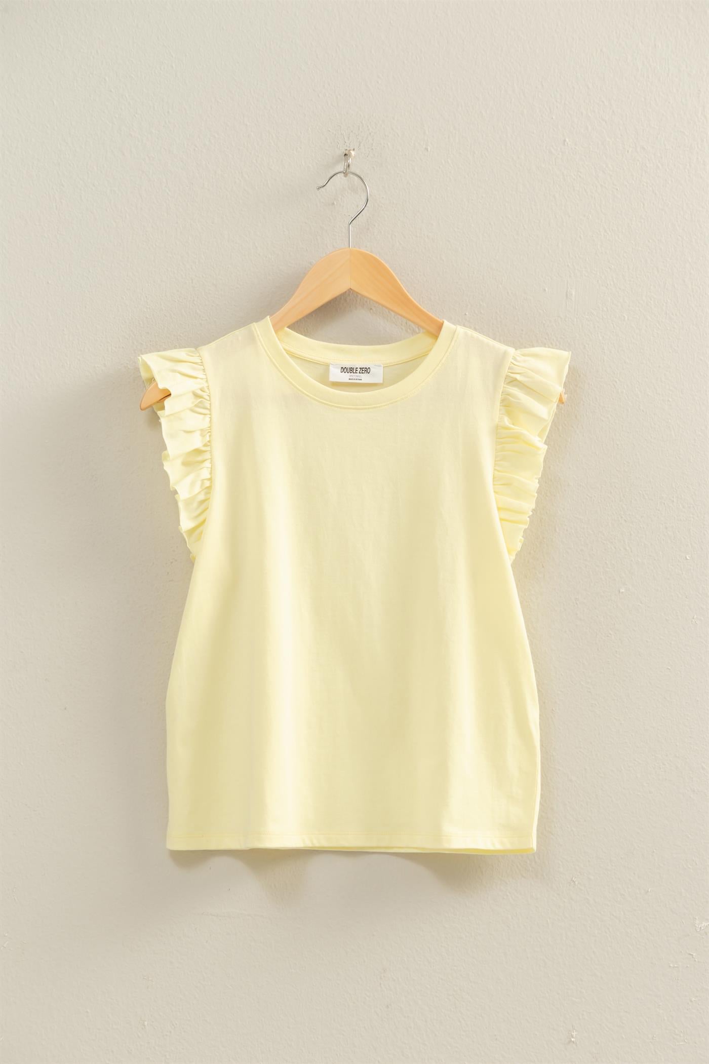 Wholesale Ruffle Cap Sleeve Crew Neck Top Clothing Tops DZ26C070 PALE YELLOW DOUBLE ZERO