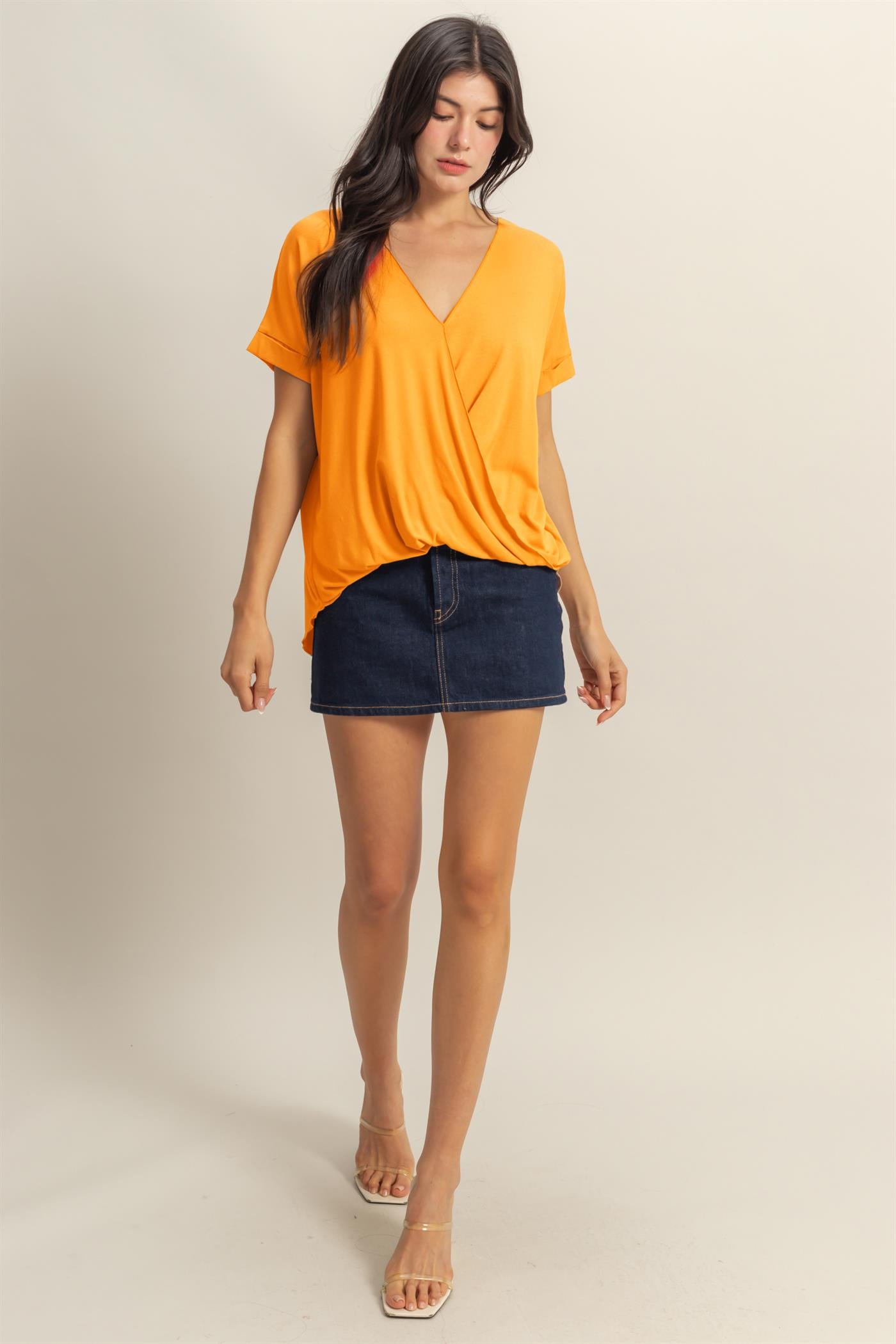 Wholesale Short Sleeve Surplice Top Clothing Tops DZ25E289 ORANGE DOUBLE ZERO