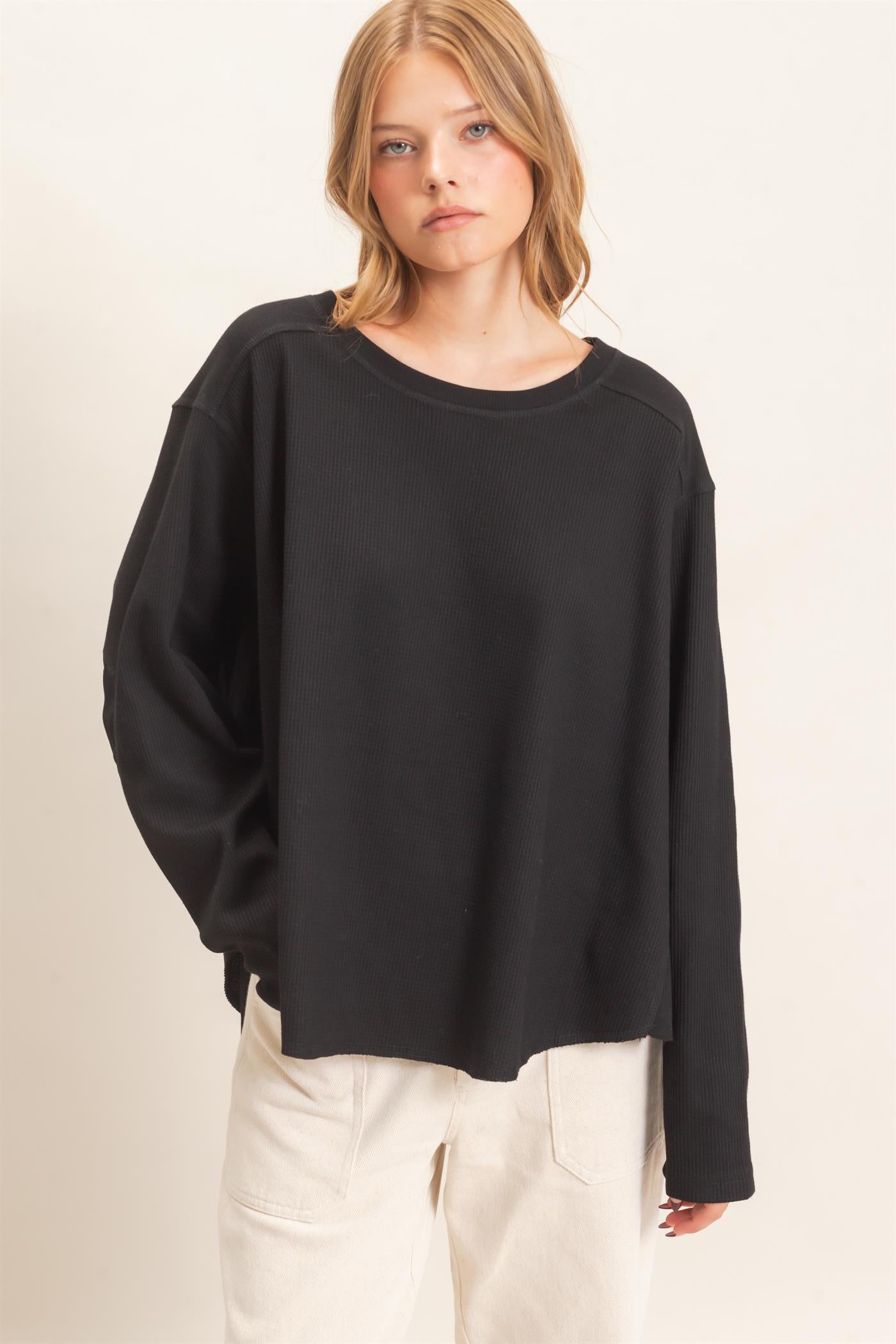 Wholesale Waffle Knit Crew Neck Top Clothing Tops HF26E078 BLACK HYFVE
