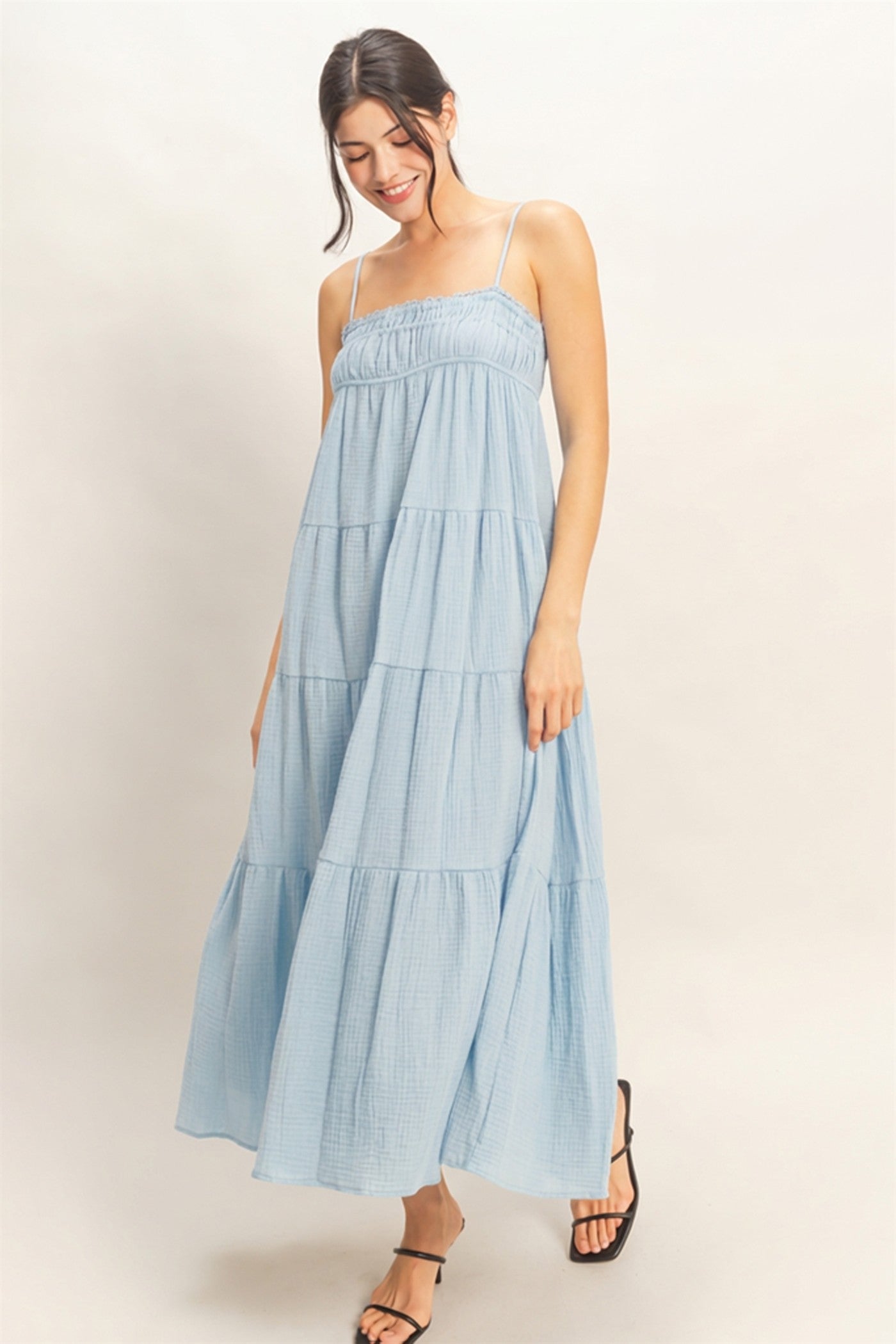Wholesale Smocked Tiered Maxi Dress Dresses HF26C303 LIGHT BLUE HYFVE