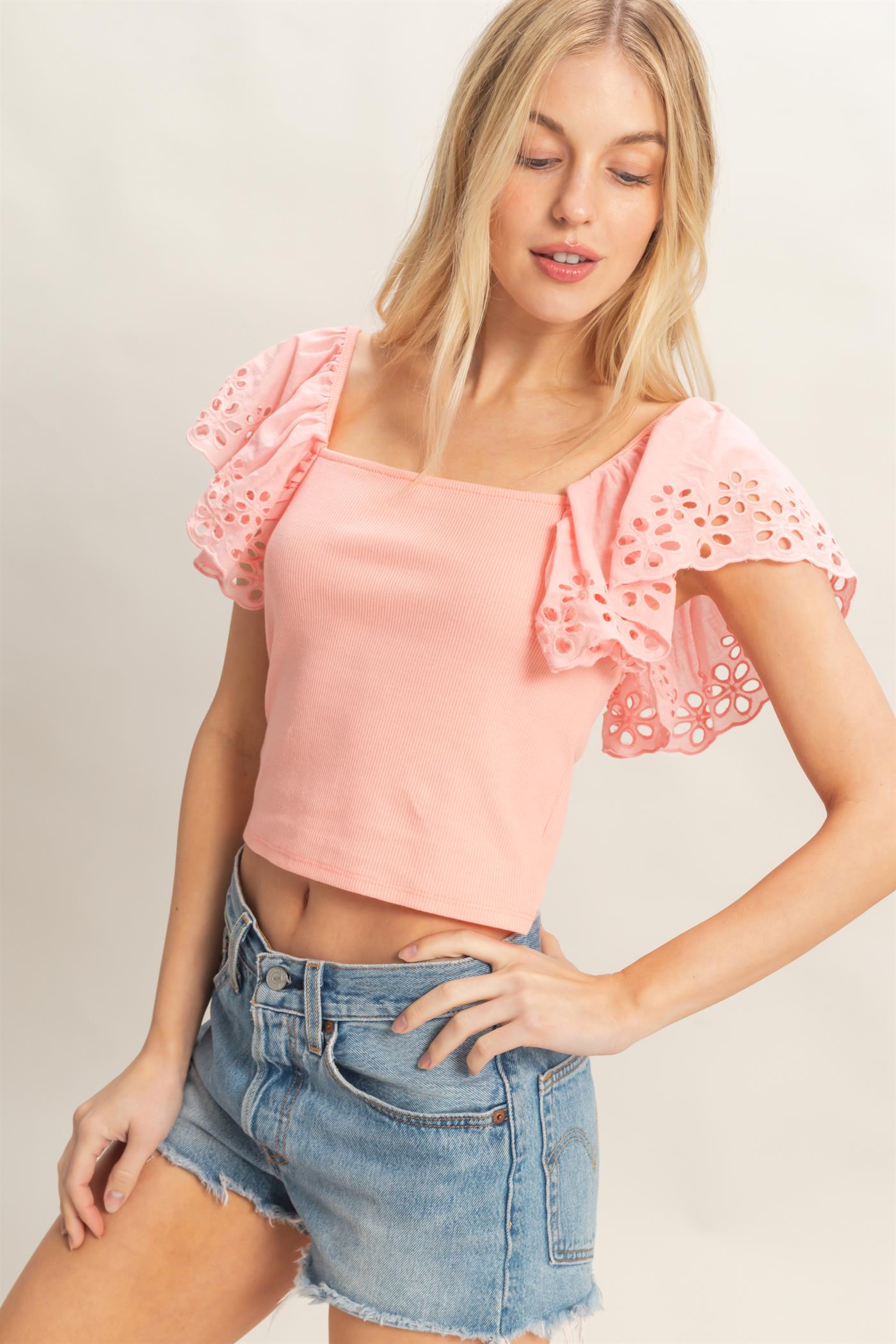 Wholesale Square Neck Eyelet Sleeve Top Clothing Tops HF26A623 PINK HYFVE