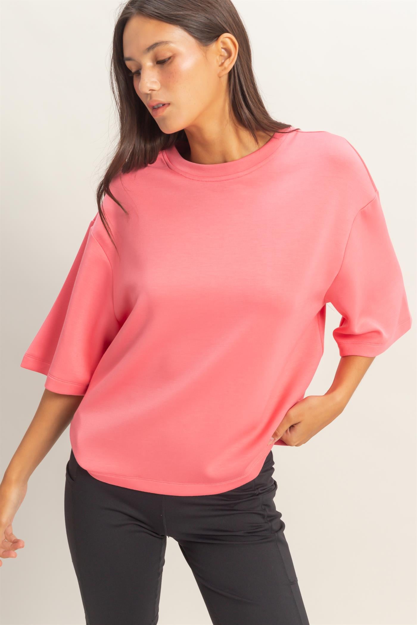 Wholesale Scuba Short Sleeve Boxy Top T-Shirts DZ26A271 TAFFY PINK DOUBLE ZERO