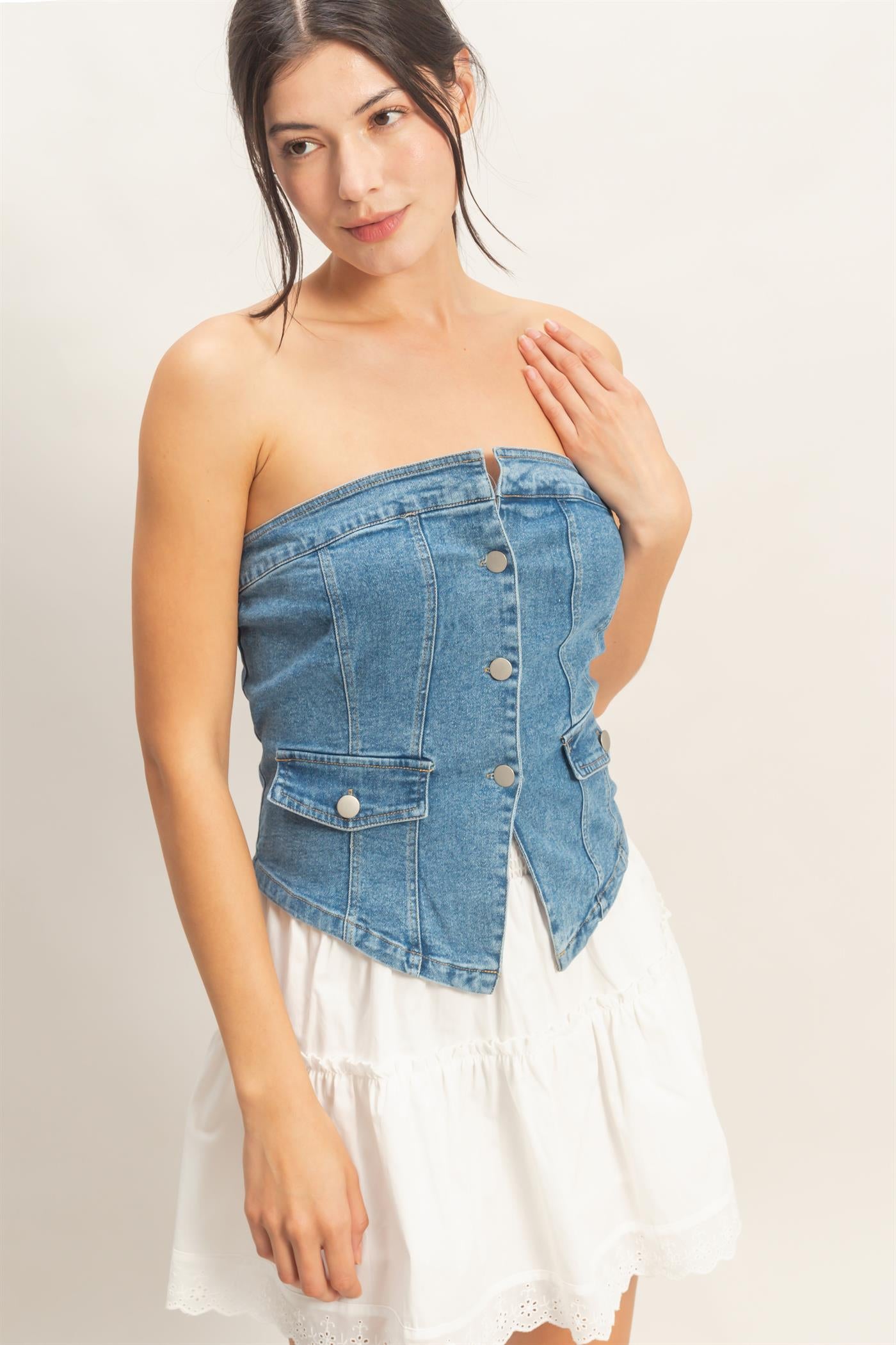 Wholesale Strapless Button-Up Denim Top Clothing Tops HF26A410 L.DENIM HYFVE