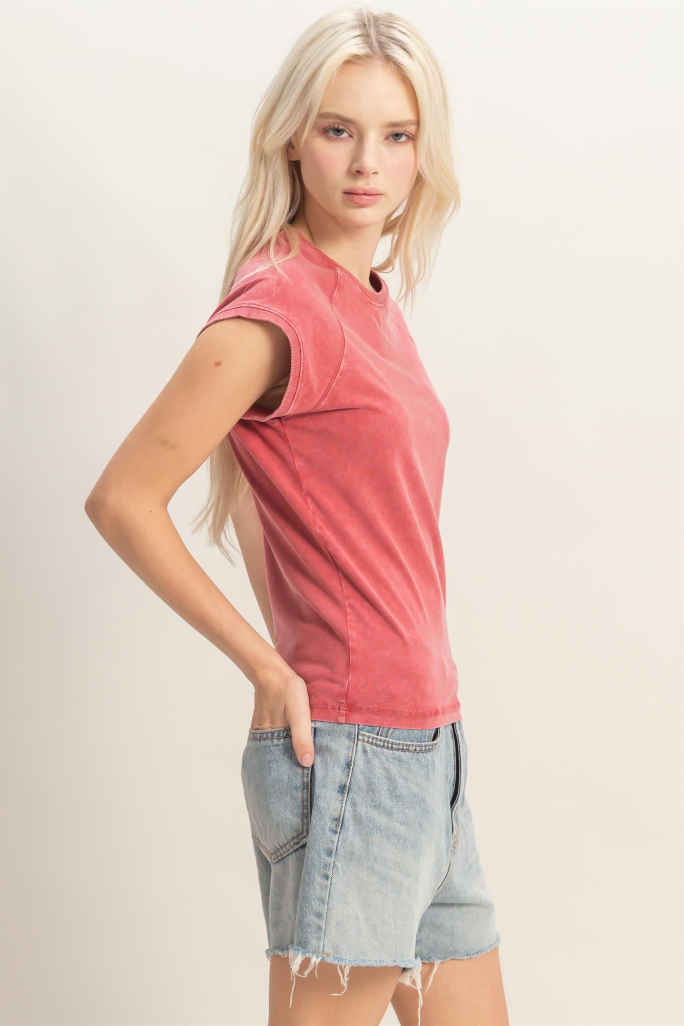 Wholesale Mineral Wash Raglan Short Sleeve Top T-Shirts DZ26A741 DARK RED DOUBLE ZERO