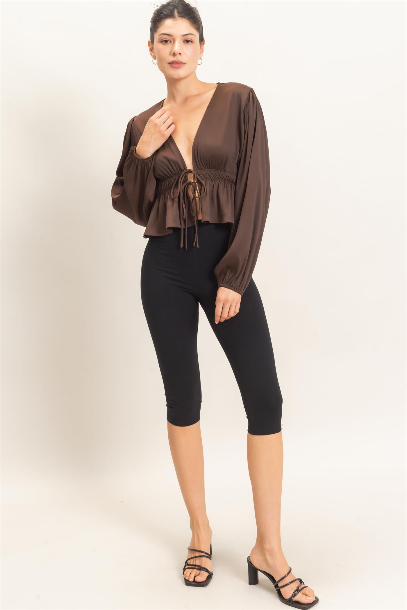 Wholesale Plunging Tie-Front Blouse Blouses HF26F082 BROWN HYFVE