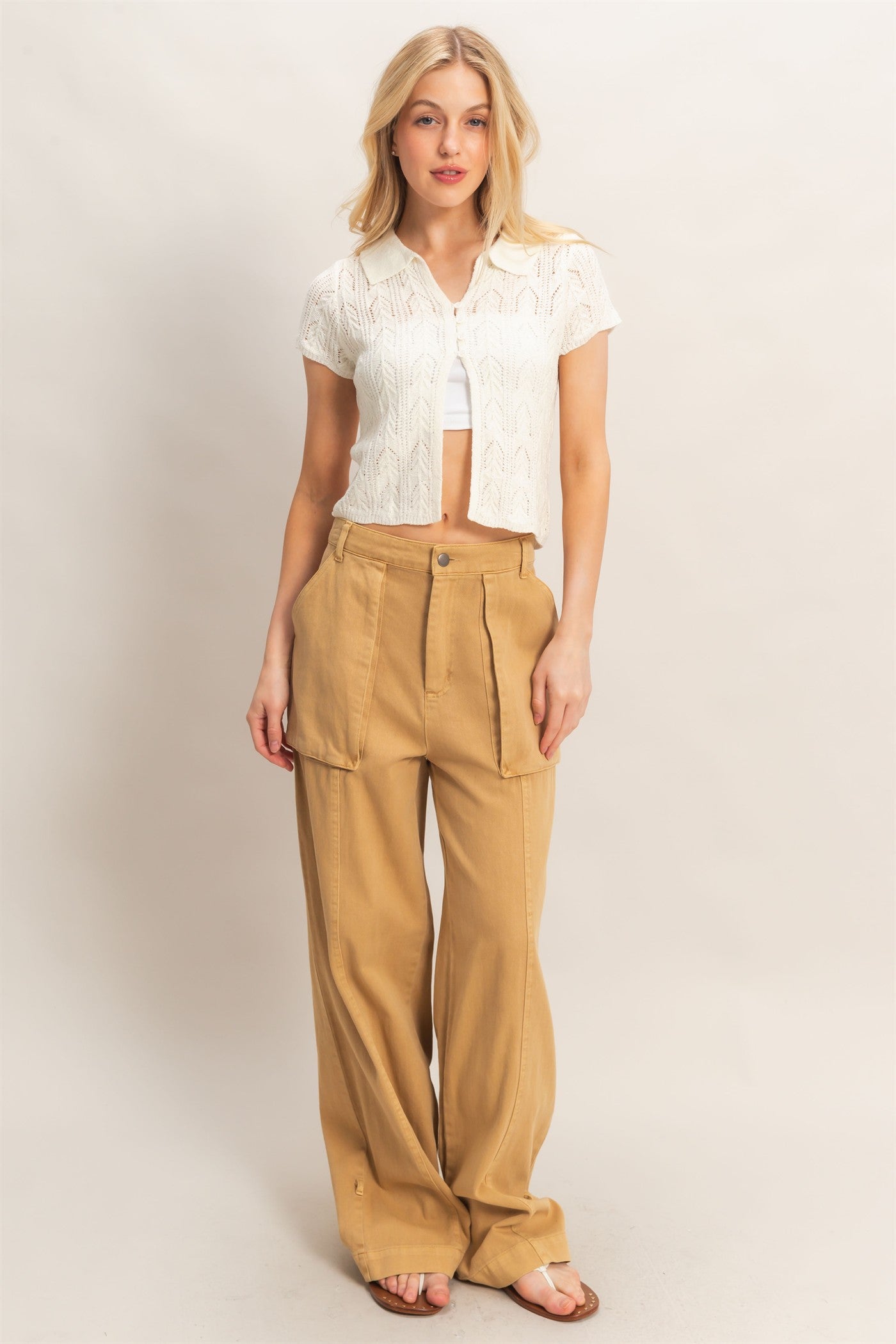 Wholesale Pointelle Knit Collared Cardigan Clothing Tops HF26A856 IVORY HYFVE