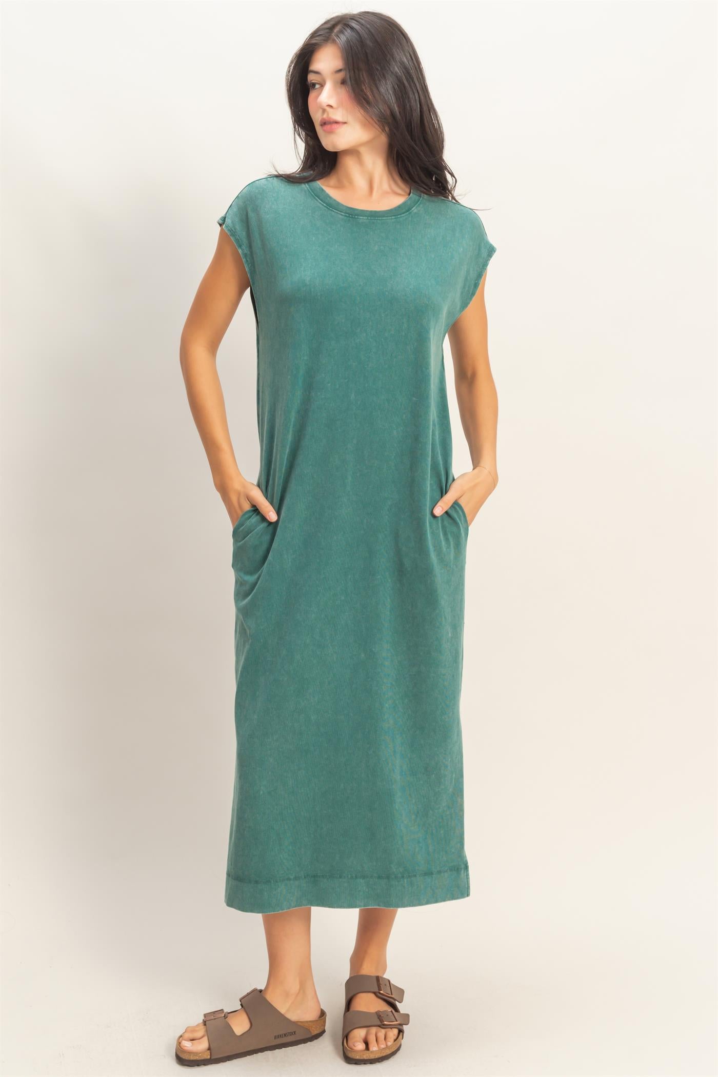 Wholesale Mineral Wash Cap Sleeve Midi Dress Dresses DZ26A049 DARK TEAL DOUBLE ZERO