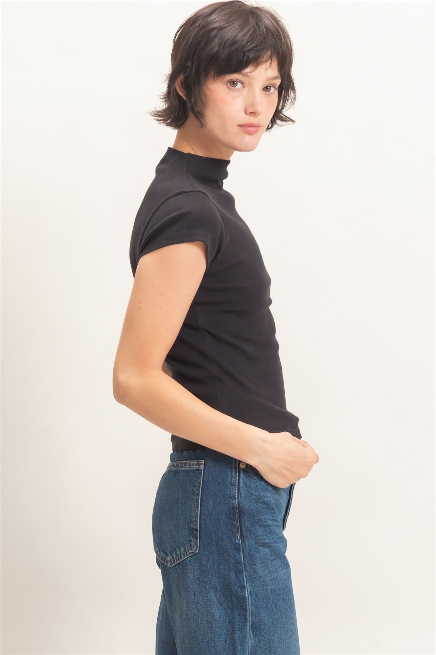 Wholesale Mock Neck Cap Sleeve Top Clothing Tops DZ26E323 BLACK DOUBLE ZERO