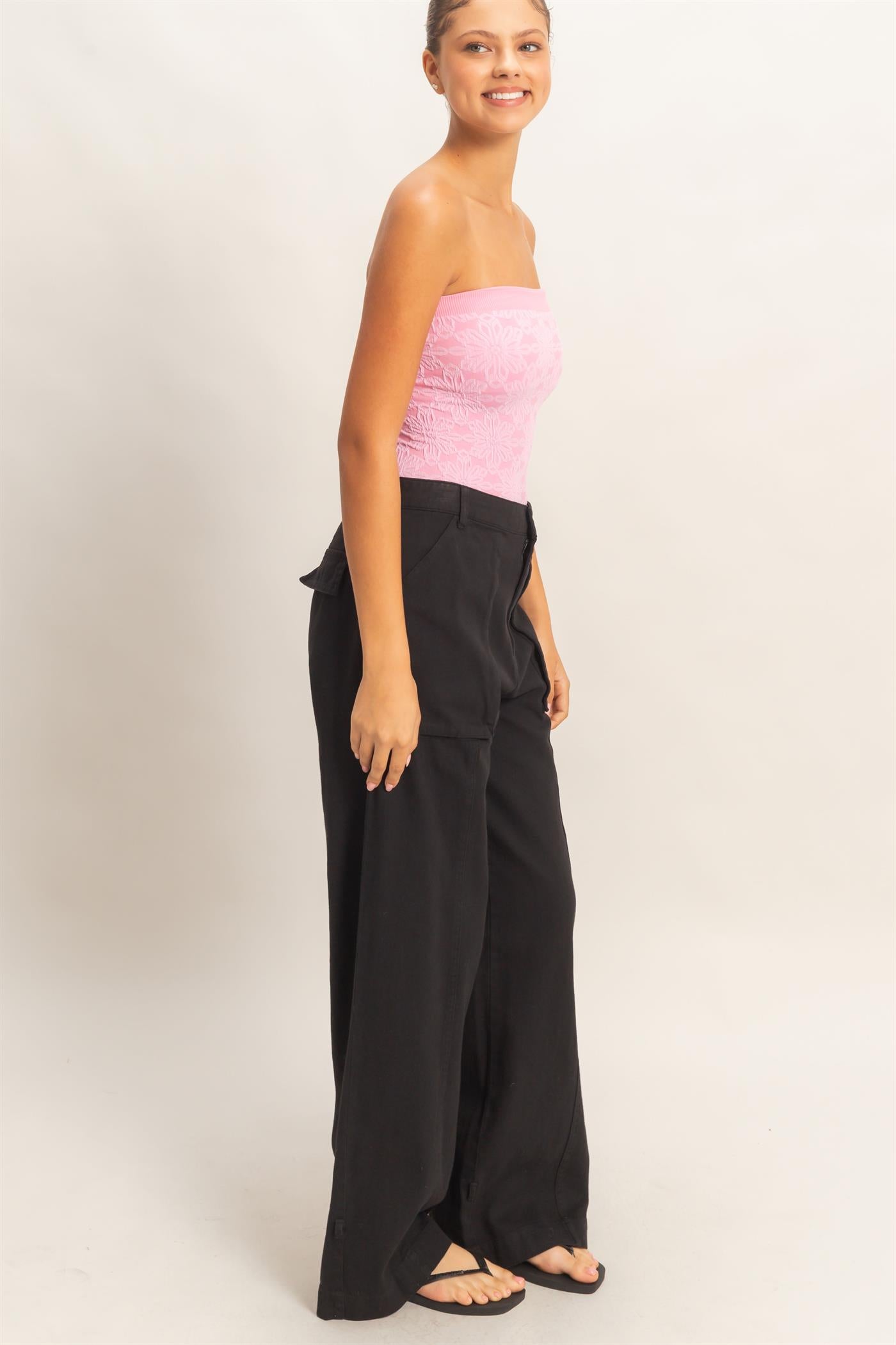 Wholesale High Rise Cargo Pants With Ankle Ties Pants DZ24C156 BLACK DOUBLE ZERO