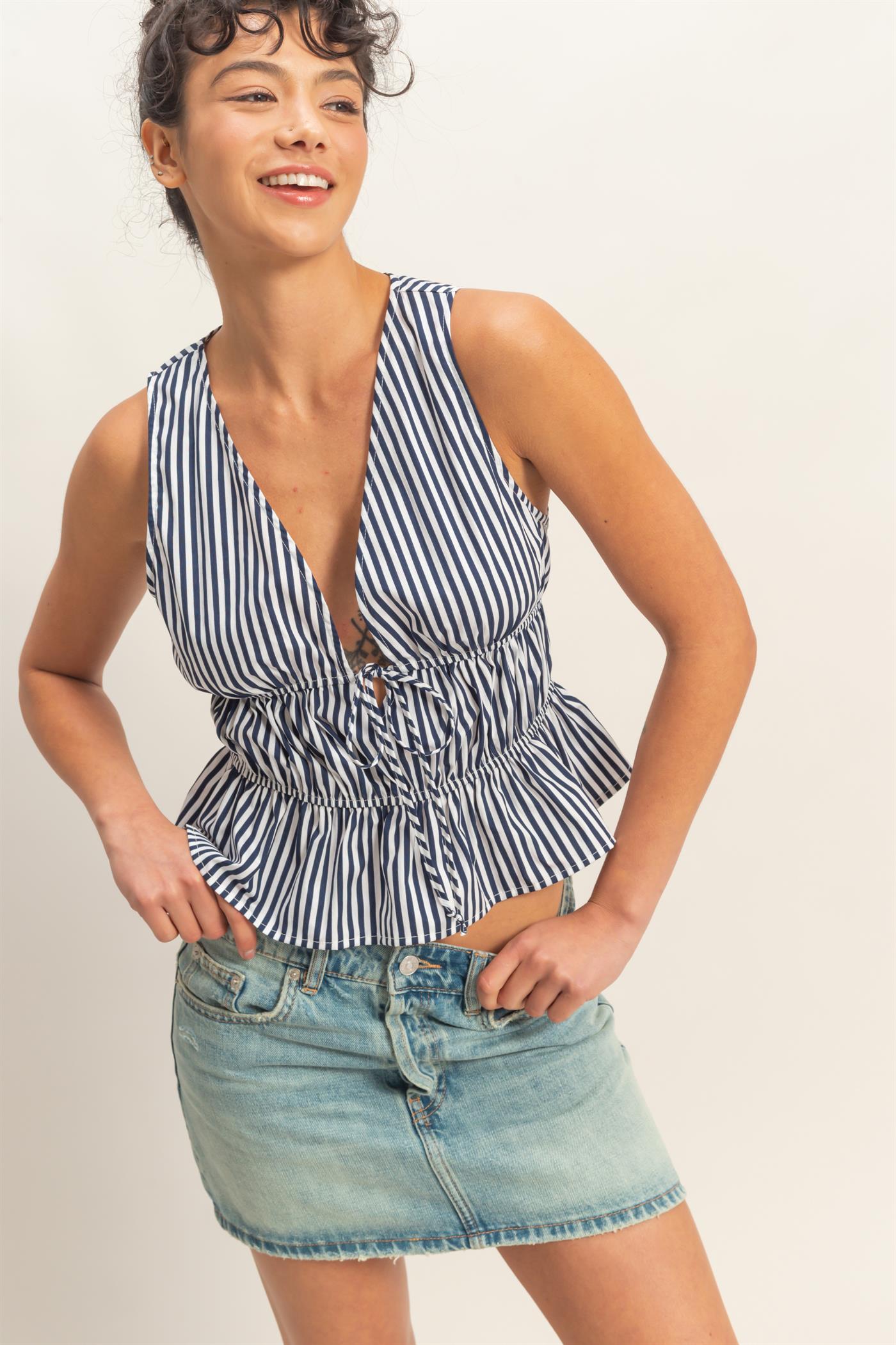 Wholesale Striped Tie Front Peplum Sleeveless Top Clothing Tops DZ26C534 NAVY DOUBLE ZERO