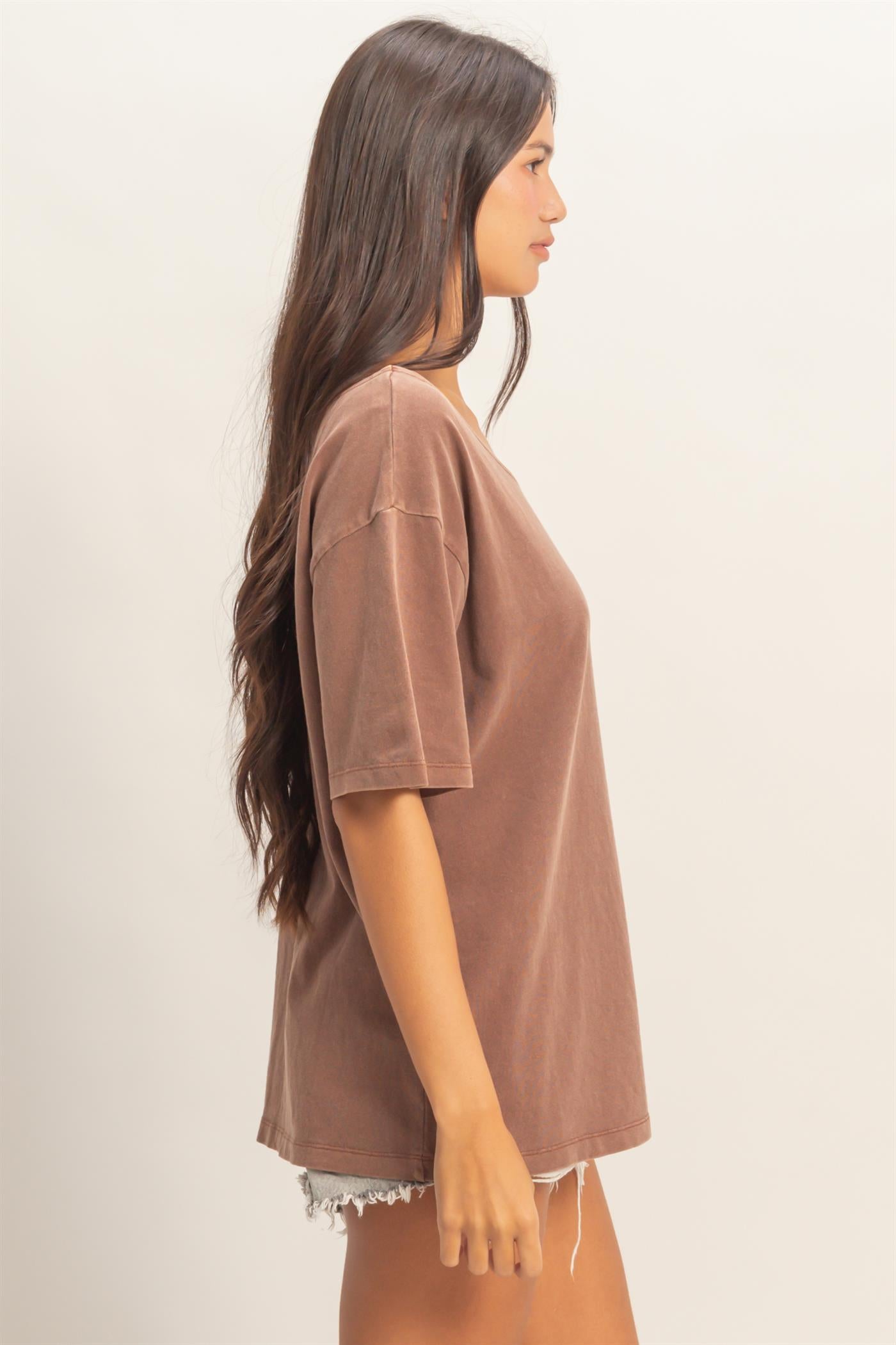 Wholesale Boat Neck Short Sleeve Basic Tee Clothing Tops DZ25E242 CHESTNUT DOUBLE ZERO