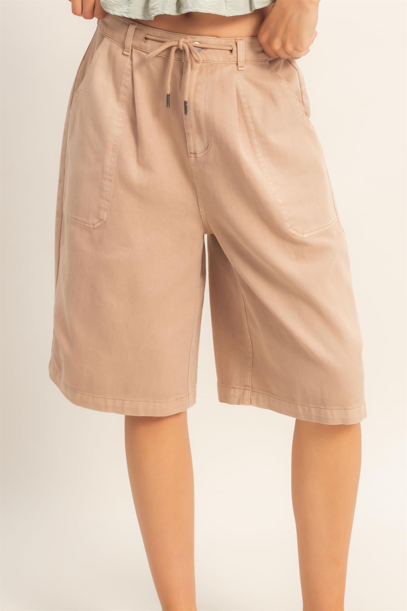 Wholesale Drawstring Waist Wide Leg Jorts Shorts DZ26F283 DARK TAUPE DOUBLE ZERO
