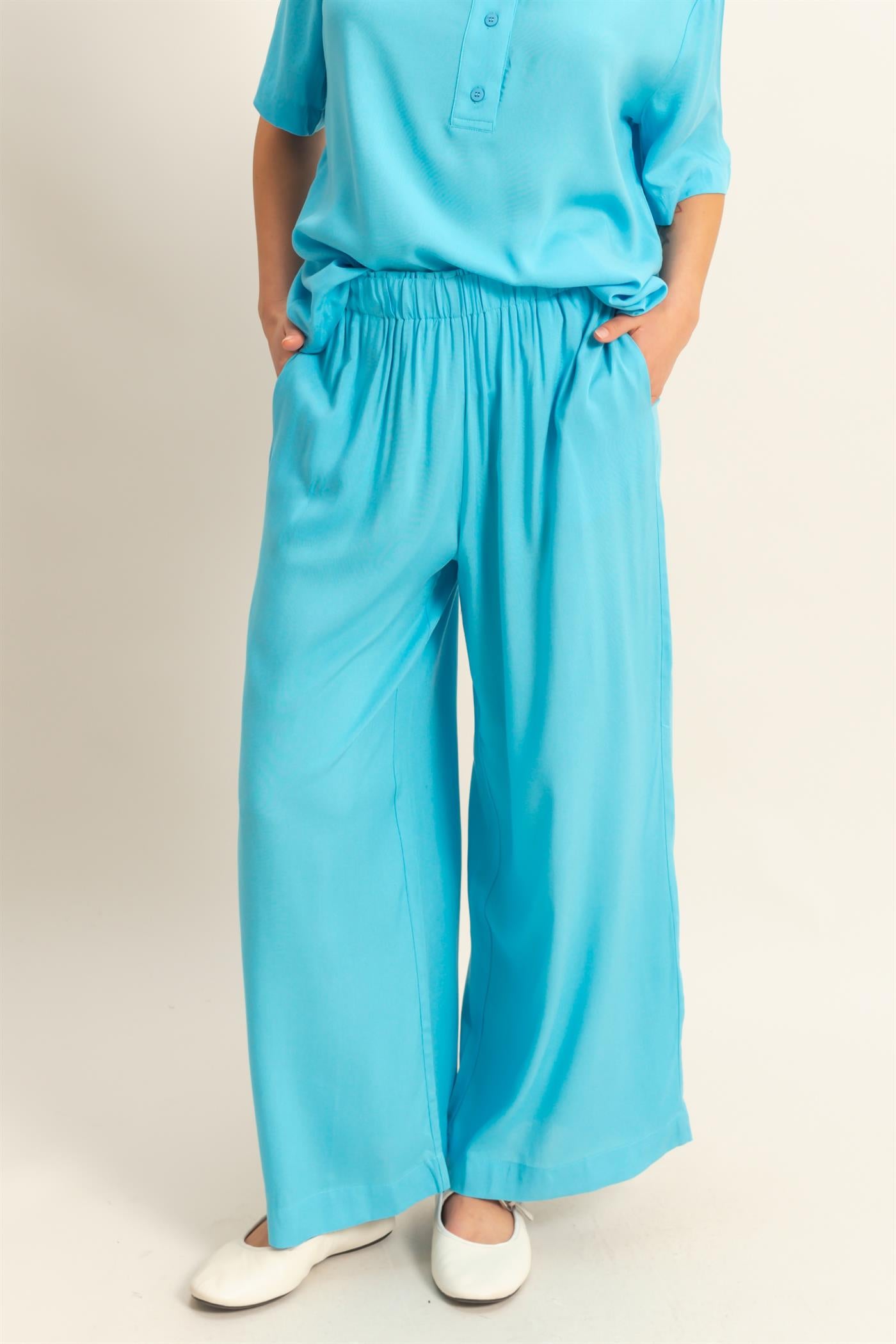Wholesale High Waist Woven Wide Leg Pants Pants DZ25C192 AQUA BLUE DOUBLE ZERO