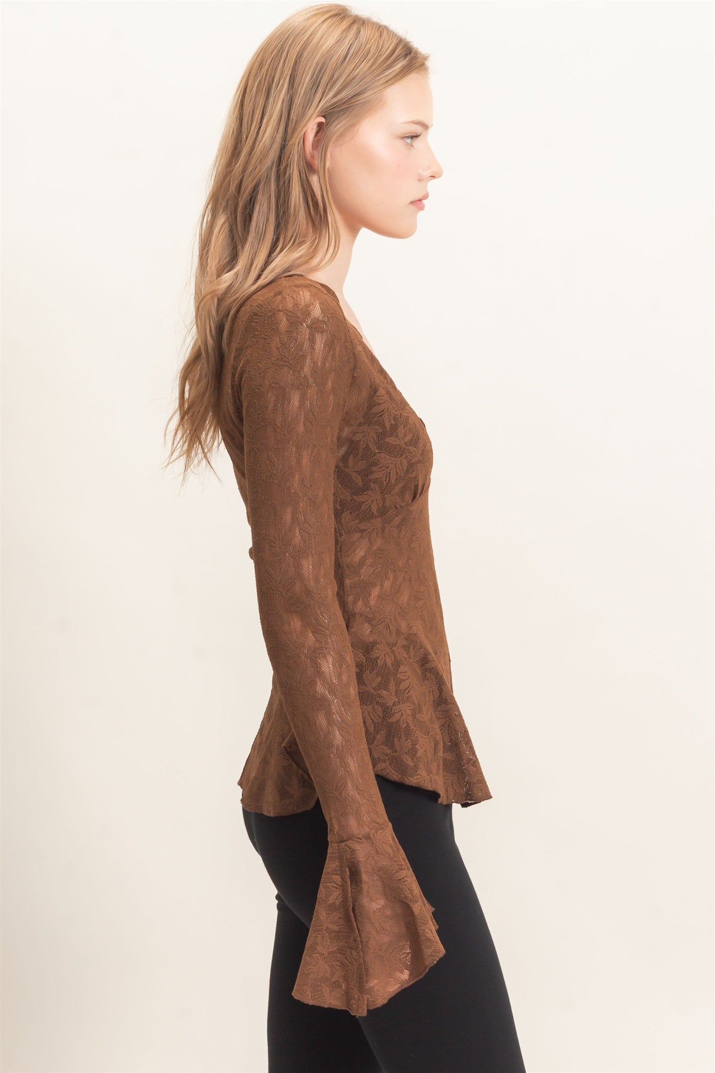 Wholesale Lace V-Neck Flare Sleeve Top Clothing Tops HF26E359 BROWN HYFVE